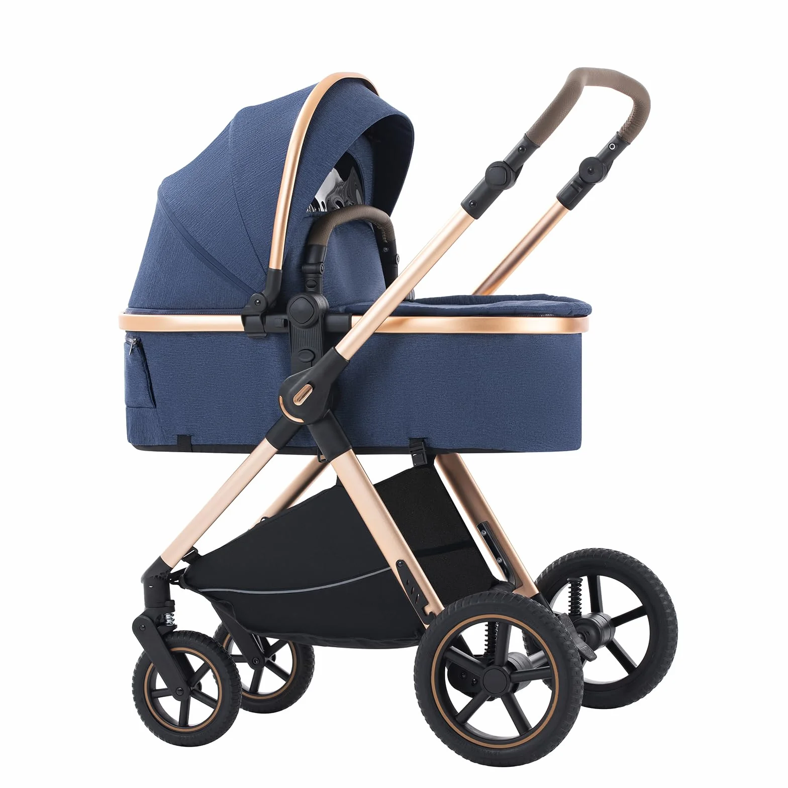 Passeggino 3 in 1 Pieghevole con Gondola D2-BLUE H2-D, Pneumatici in Gomma