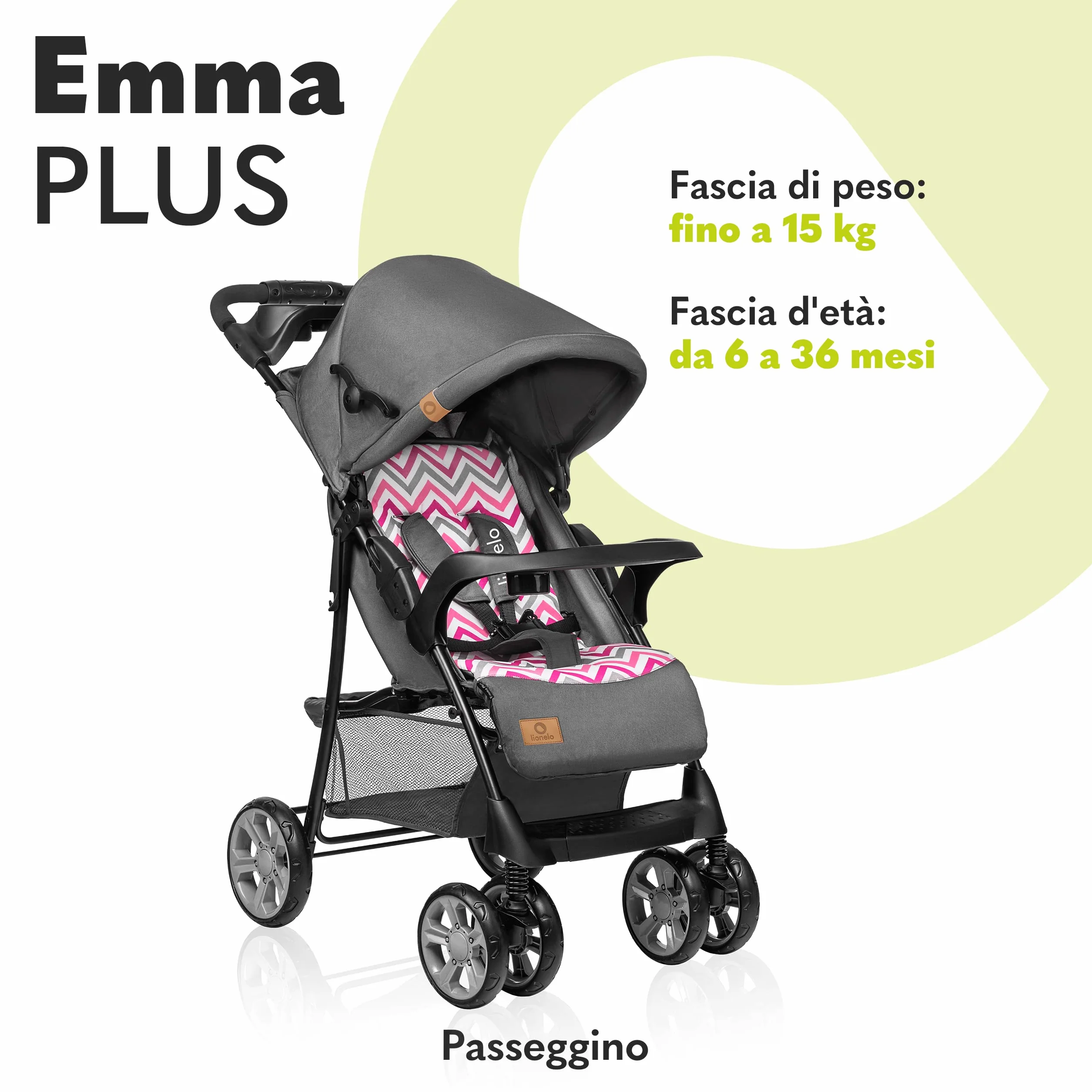 Lionelo Emma Plus Passeggino Leggero Pieghevole 6 Mesi 15kg Schienale Regolabile Sdraiata Cinture 5 Punti Ammortizzatori Cappotina XXL Vassoio Portabibite Borsa