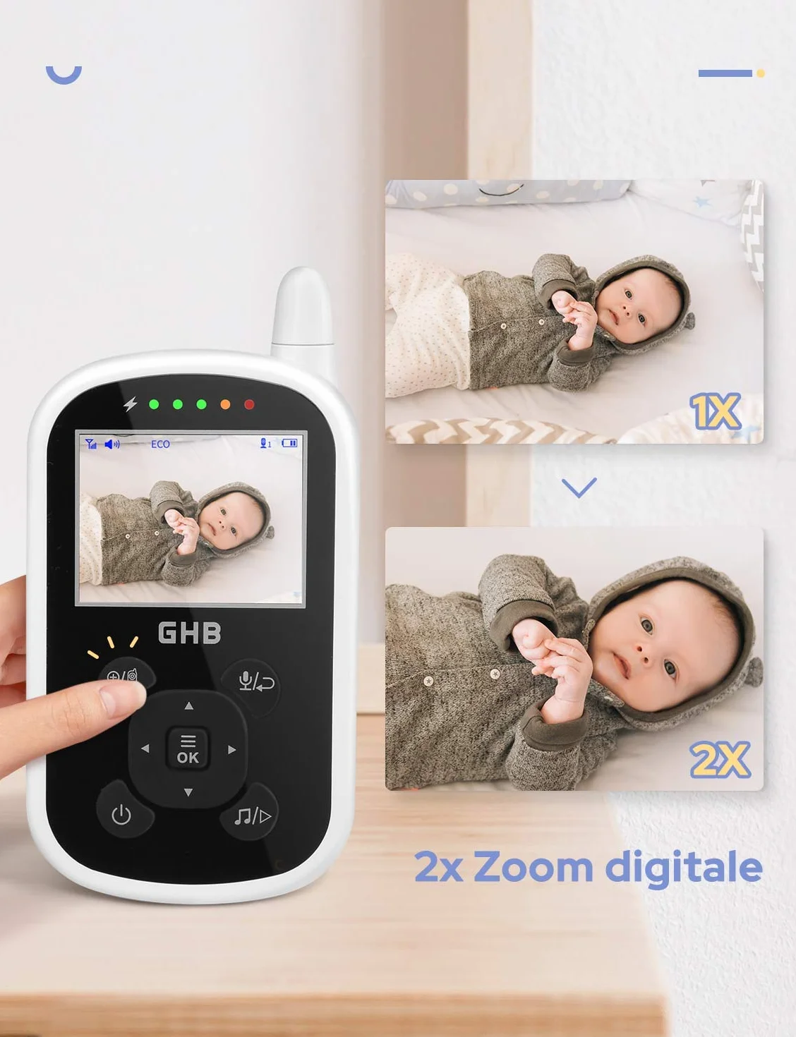 GHB Baby Monitor Videocamera Schermo 2.4" 950mAh VOX Visione Notturna Monitoraggio Temperatura