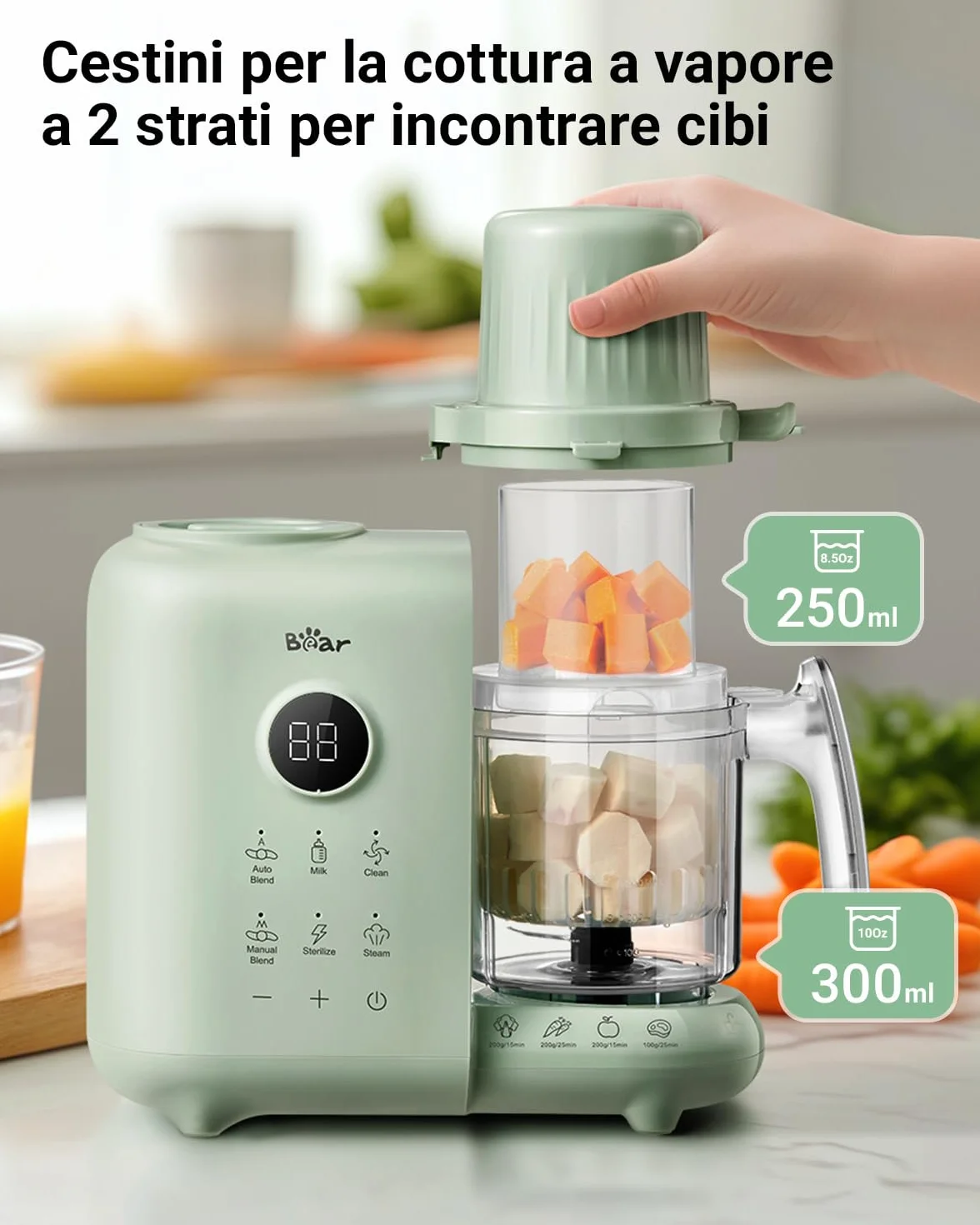 Bear Cuocipappa Mixer Multifunzione 7-in-1 per Bébé - Vapore, Mixer, Pulse, Pulizia Automatica, Sterilizzato, Riscalda, Scongela - Robot Cucina Multifunzione