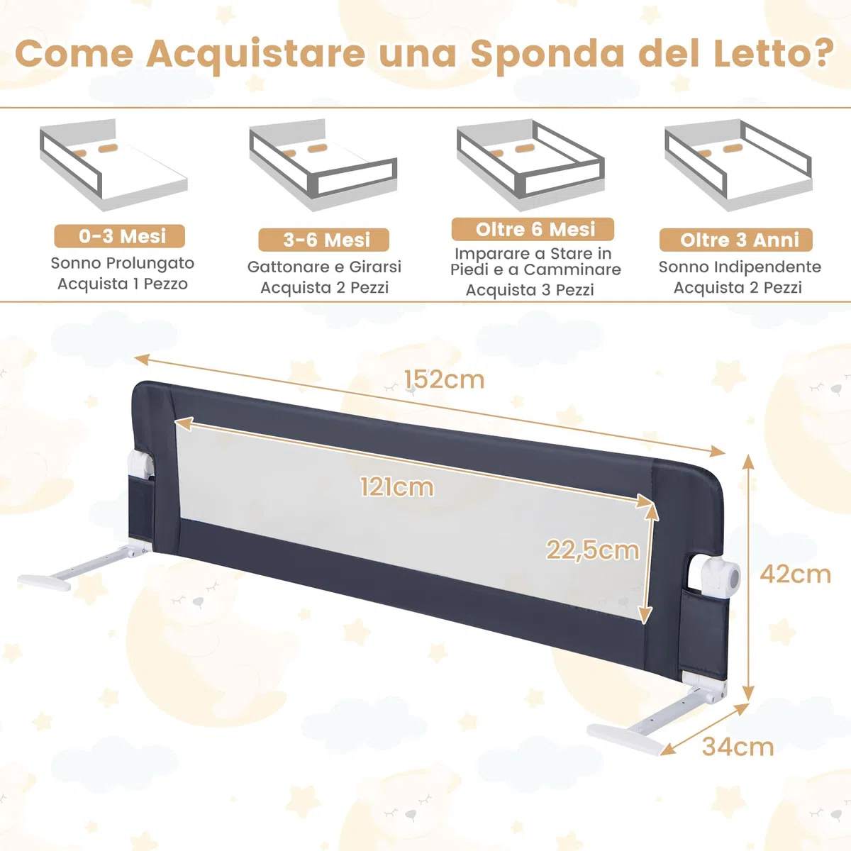 COSTWAY Sponda Letto per Bambini 105/120/150 cm, Barriera di Sicurezza per Neonati, Barriera Letto Pieghevole e Portatile, con Cinghia di Sicurezza (Grigio, 152 x 34 x 42 cm)