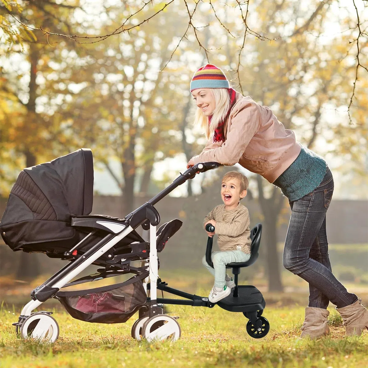 Pedana Passeggino Universale, Vihir Pedana per Passeggino con Sedile, Accessori per Passeggini per Secondo Bambini da 2 a 6 anni, Dotato di Schienale di Sicurezza, Bracciolo e Cuscino di Seduta