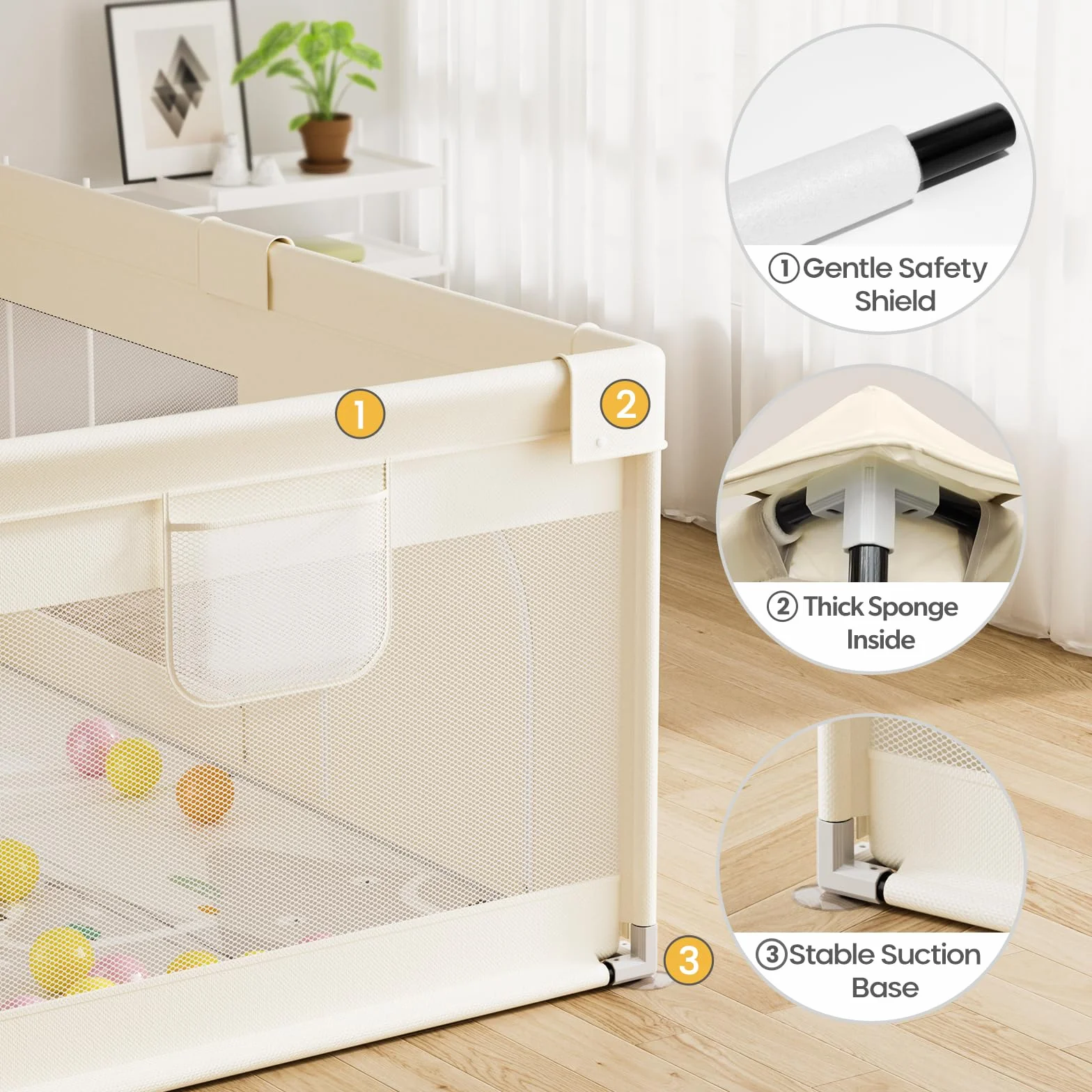 Beige Box Bambini con Materassino - Box Neonato 150×180cm,Recinto per Bambini con 4 Anelli,Imbottitura Morbida