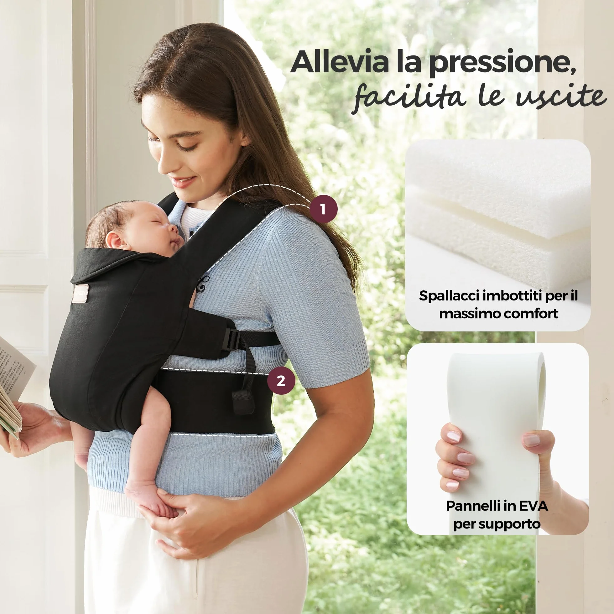 Momcozy Marsupio Porta Bebè per Neonati, Seduta Regolabile con Scala sulla Cintura, Supporto Collo, Chiusura con Anello di Sicurezza, 3,2–11 kg, Nero