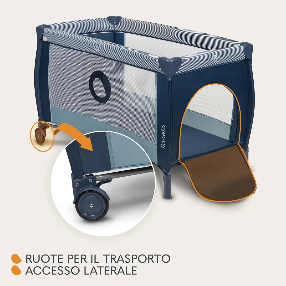 LIONELO Lettino da Viaggio SVEN con Materasso, Dalla nascita fino a 36 mesi, Lettino pieghevole con Fasciatoio, Baldacchino, Giocattoli Pendenti Ingresso laterale aggiuntivo LockGuard, Route con freno