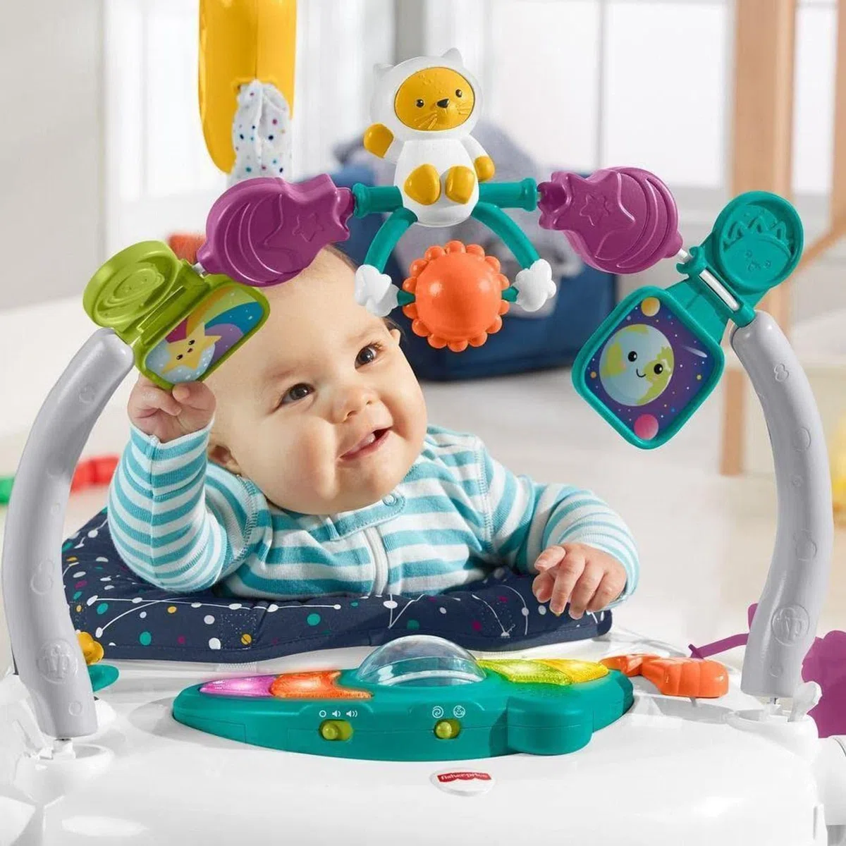 Fisher-Price GPT46 Centro attività Salvaspazio Galaxy Tema Gatto Spaziale, Sedile Saltellante, Luci, Musica Giocattolo per Bambini 6+Mesi, Imballaggio Standard
