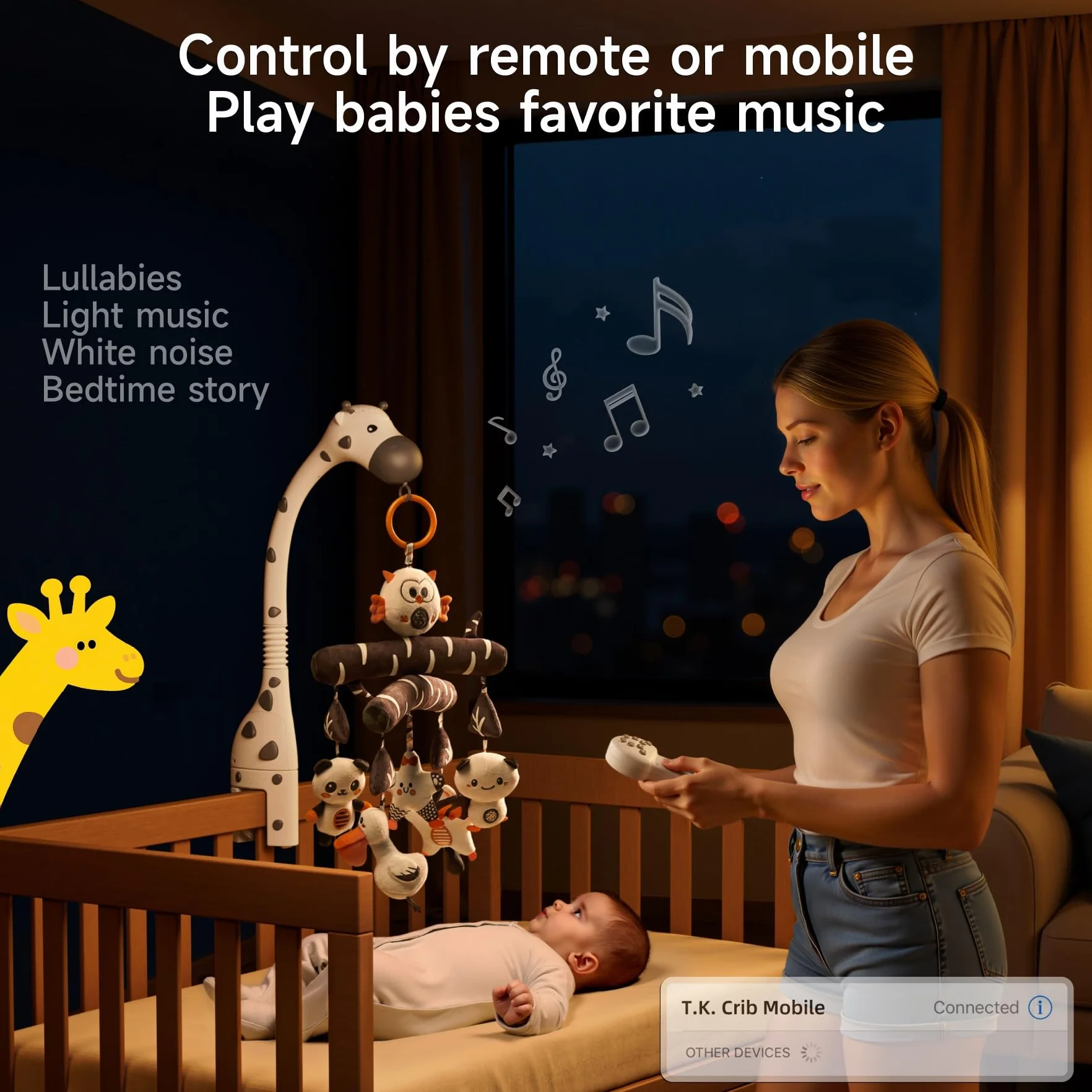 TUMAMA Giocattolo mobile per culla 0-3 mesi alto contrasto luce notturna proiettore musica rumore bianco peluche appendere
