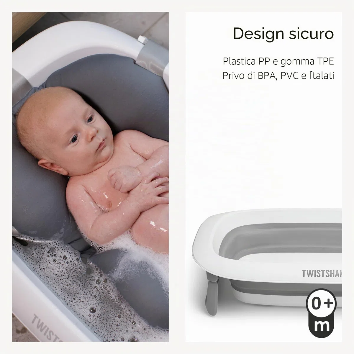 Twistshake Vaschetta Bagnetto Pieghevole Antiscivolo 30L | Design Ergonomico e Compatto | Vasca Portatile Neonati | Doccia Bimbi Sicura | Utilizzo da 0+ Mesi | Grigio Bianco