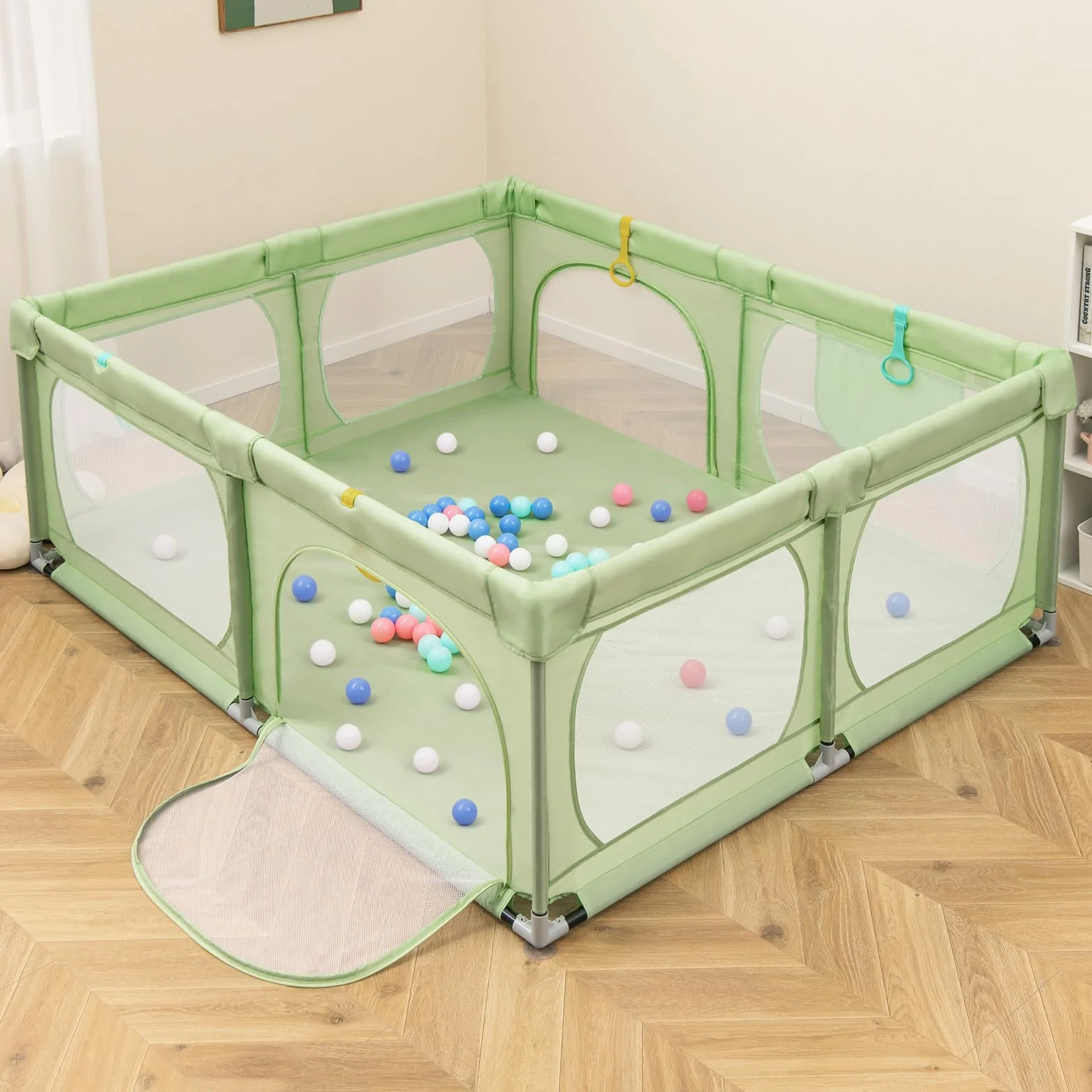 COSTWAY Recinto per Bambini, Box Pieghevole con Rete Traspirante, Centro Attività per Neonati con 50 Palline, Box Giochi per Bambini 0-3 Anni (Verde, 189 x 158 cm)