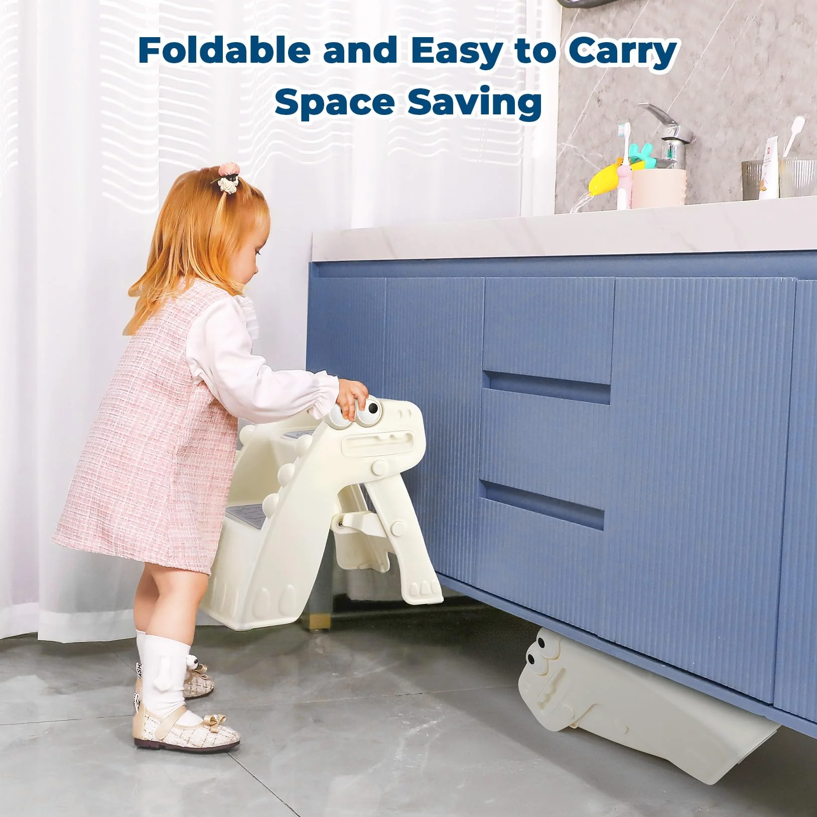 Onasti Sgabello pieghevole per bambini antiscivolo 2 gradini bagno cucina design dinosauro bianco