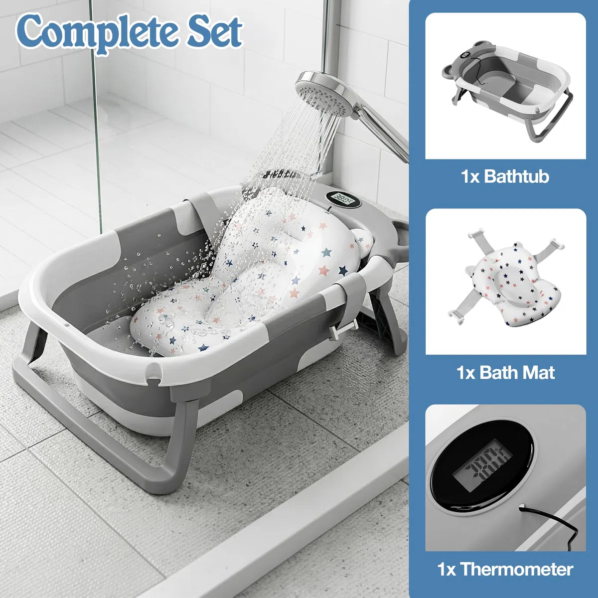 Vaschetta Bagnetto Neonato, Vaschetta per il Bagnetto Pieghevole con Cuscino da Bagno Antiscivolo, Con Termometro Integrato per Neonati da 0 a 36 Mesi (Grigio)