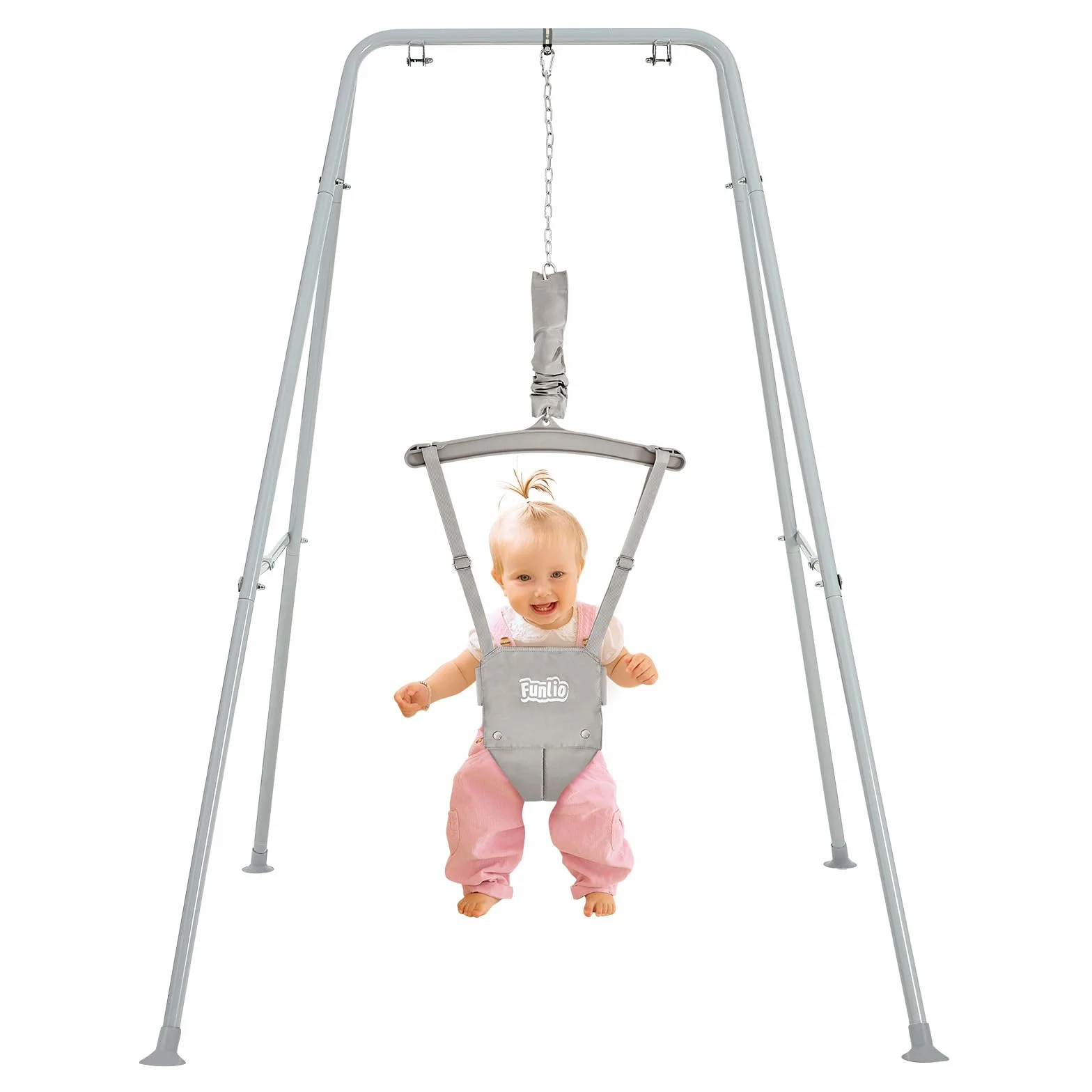 FUNLIO Altalena con Supporto per Neonati per 6-24 Mesi, Altalene Saltare Su per Bambini per Giochi Indoor/Outdoor, Maglione per Neonati/Ragazzo, con Catena Regolabile, Facile da Montare -Grigio