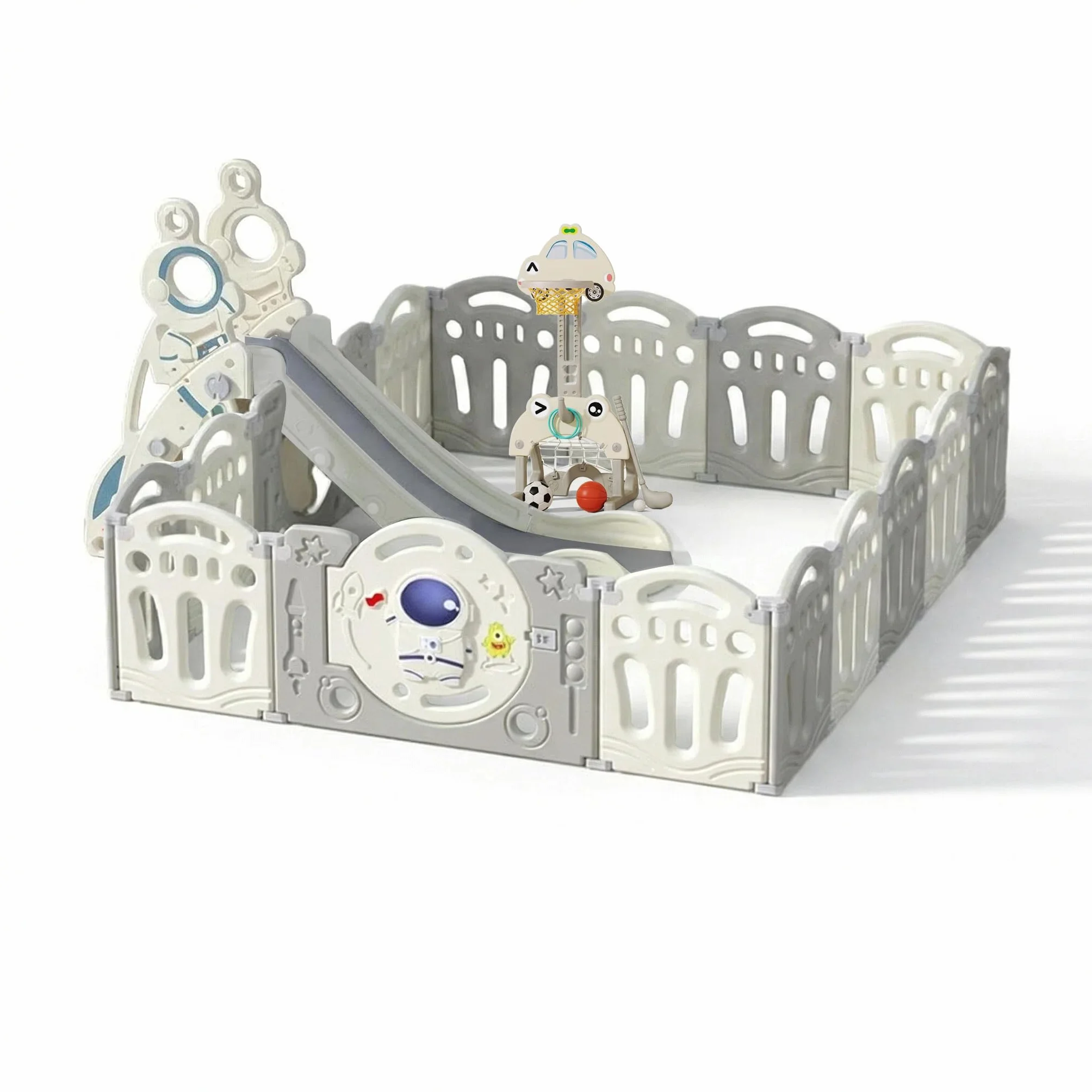 Baby Playen con scivolo e canestro da basket, recinzione di sicurezza a 14+2 pannelli, materiale PE ad alta densità, dimensioni interne 154 x 187 cm, design pieghevole con tappetino attività e palline