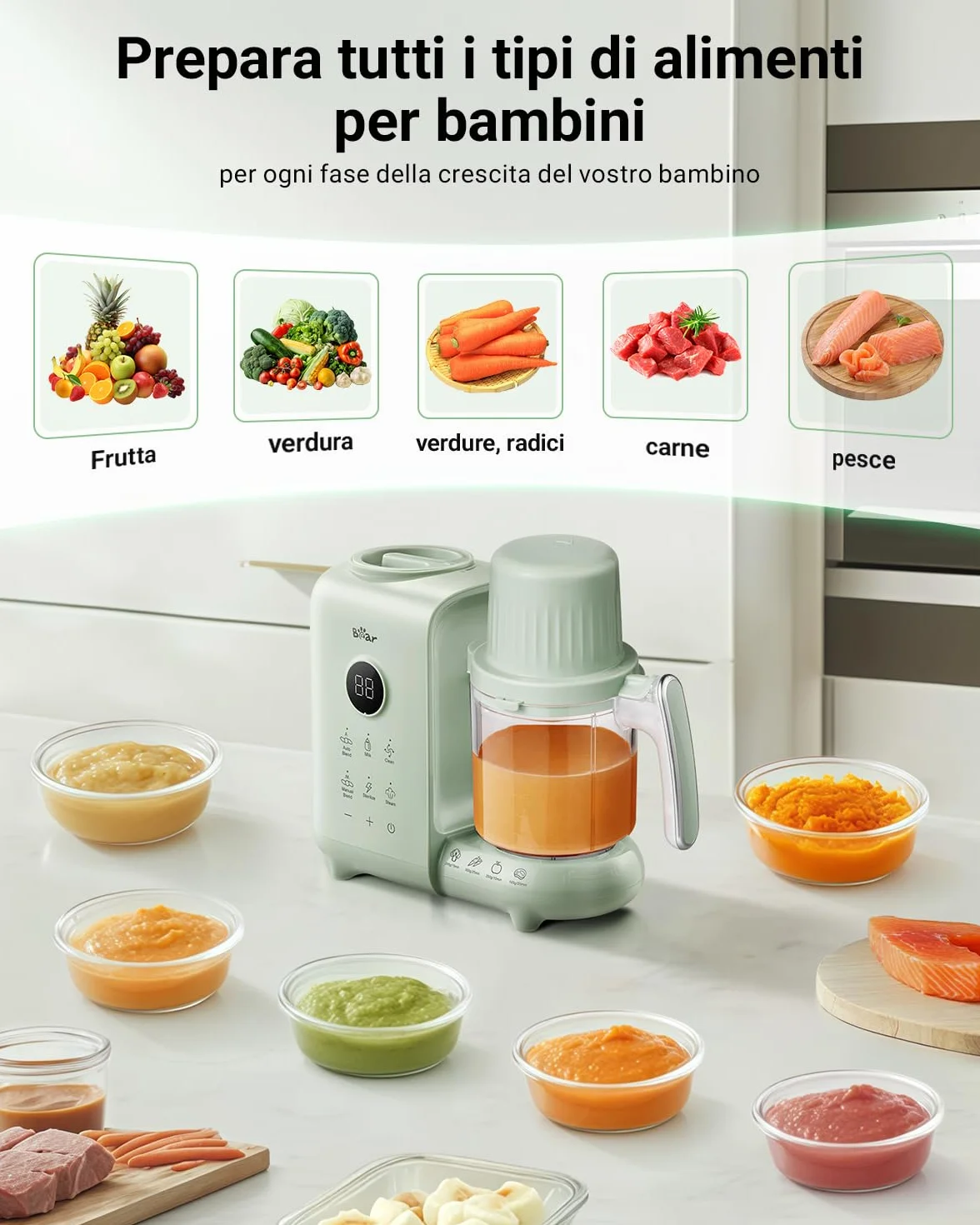 Bear Cuocipappa Mixer Multifunzione 7-in-1 per Bébé - Vapore, Mixer, Pulse, Pulizia Automatica, Sterilizzato, Riscalda, Scongela - Robot Cucina Multifunzione