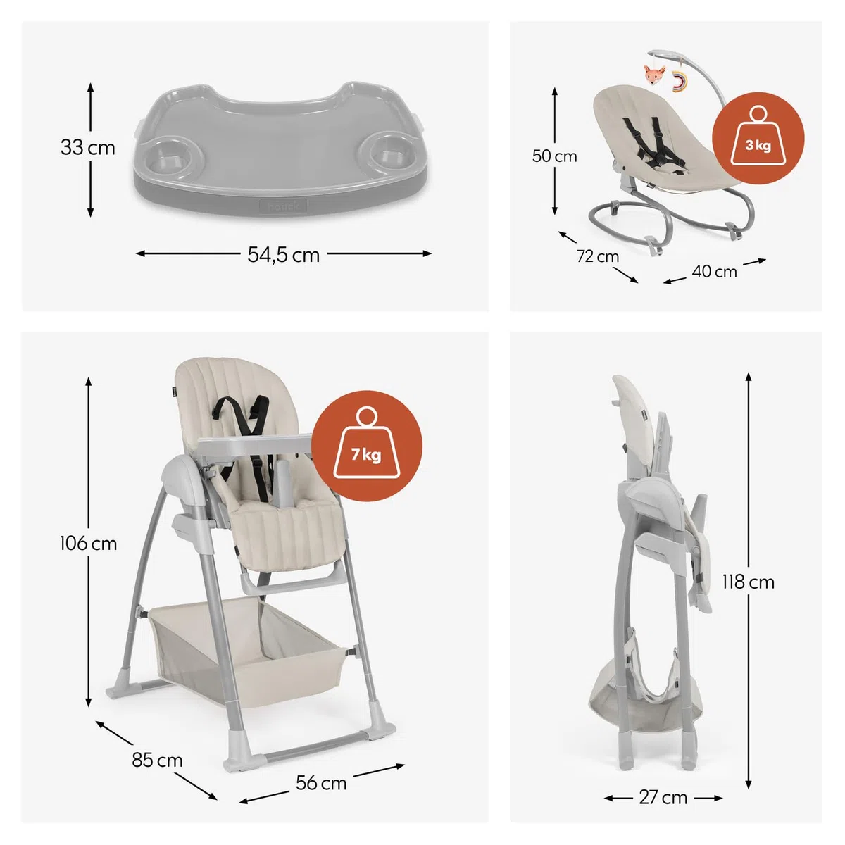 hauck Sit N Relax 3in1, Beige - Seggiolone Pappa Evolutivo da 0 Mesi a 15 kg con Sdraietta con Arco Giochi e Seduta con Vassoio Regolabili in Altezza, Ruote, Pieghevole, Cesto Portaoggetti