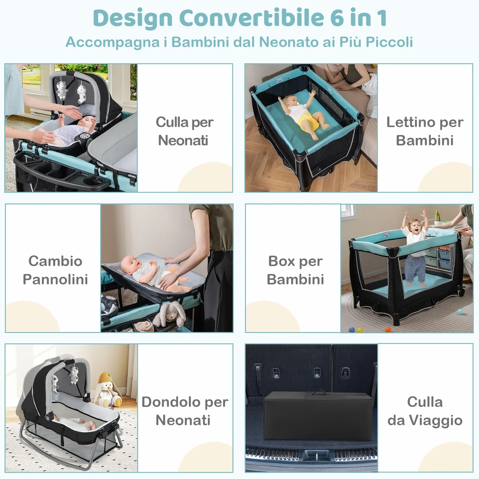 COSTWAY 6 w 1 Lettino da Campeggio per Bambini, Culla Viaggio, Box Portatile Pieghevole, Verde
