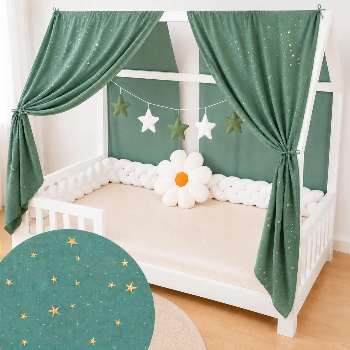 YellowNest Tenda per Letto Montessori (2 Pezzi) - Tenda Letto Bambini per Letto 70x140cm - 100% Mussola di Cotone - Senza Ghirlanda (Eucalipto, 62 x 270 cm (2 Pezzi))