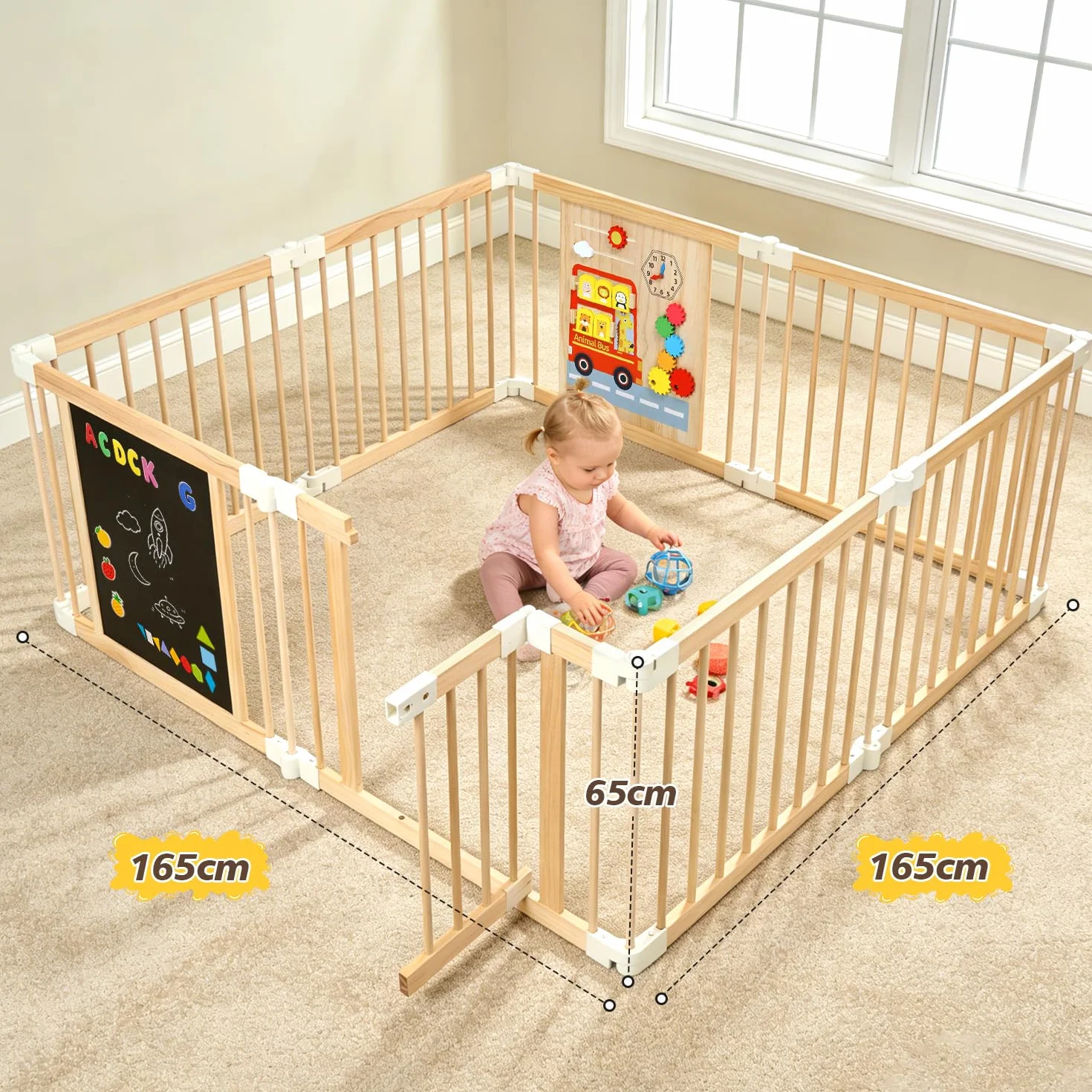 Box Bambini in Legno, Grande Recinto per Bambini Pieghevole con Porta, Regolabile Dimensioni&Forma, Portatile, Lavagna, Montessori Tavola dei Giocattoli, Sicurezza Centro Attività Espandibile
