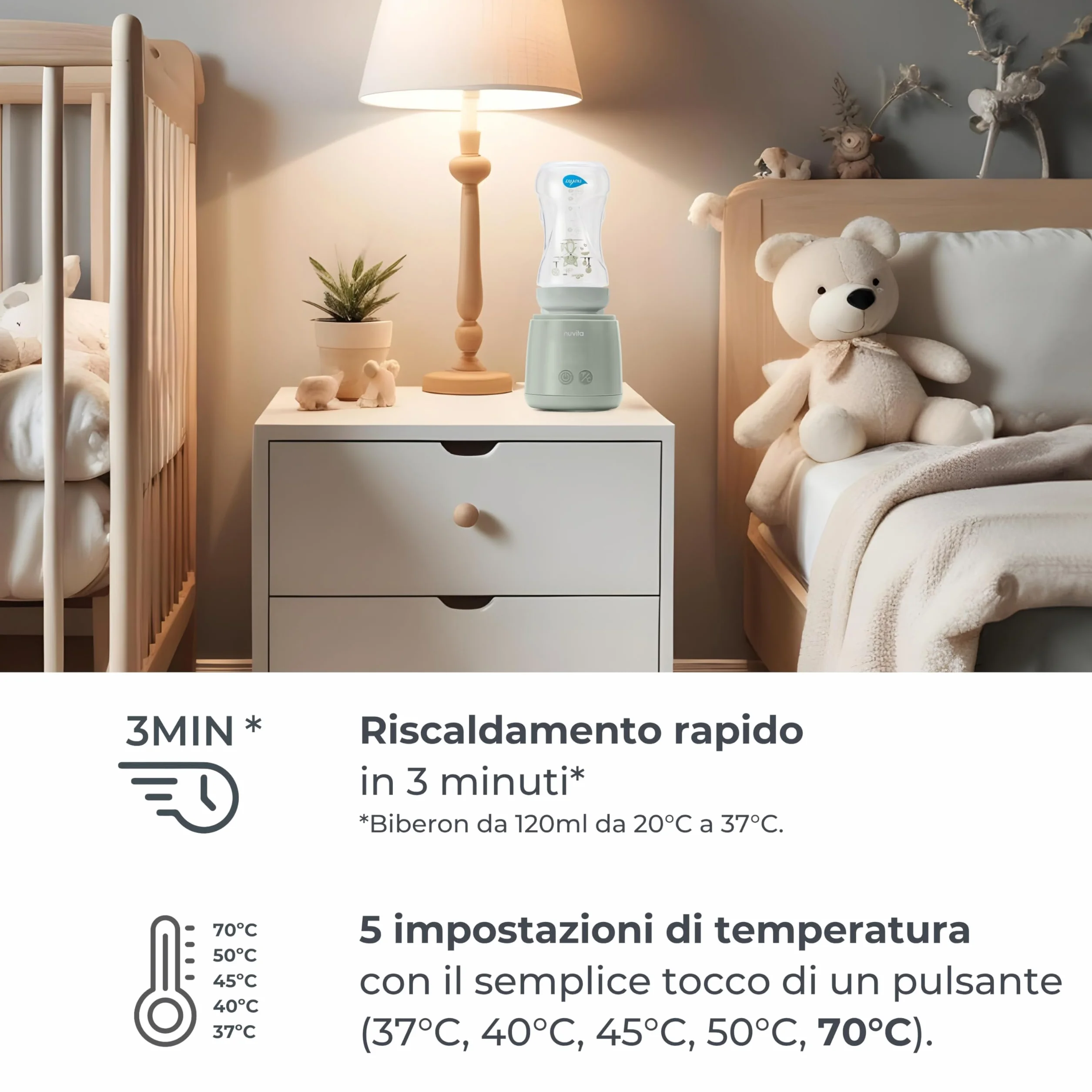 Nuvita 1164 Mix70 Scaldabiberon Portatile 70°C con Funzione Mescolamento, 5 Temperature fino a 70°C, Universale con 6 Adattatori Inclusi, Batteria Ricaricabile, Display LED, Senza BPA