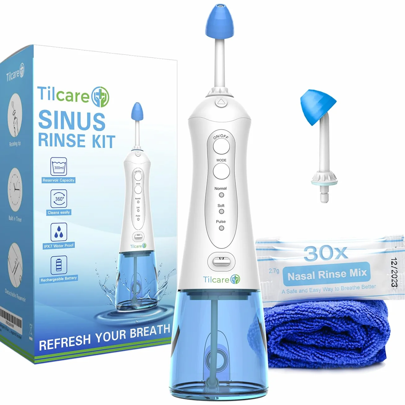 Kit Lavaggio Nasale di Tilcare - Perfetta Elettrica Neti Pot per Lavaggio Nasale per il Sollievo del Naso e dalle Allergie - Viene fornito con un Asciugamano e 30 Confezioni di Sale