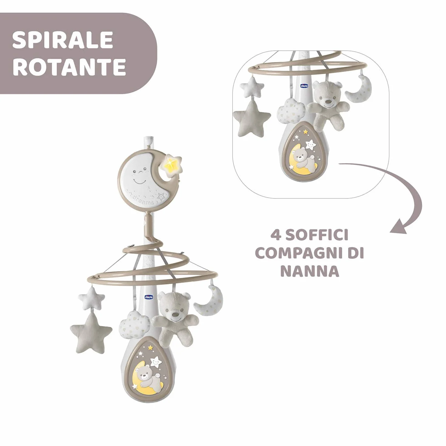 Chicco Next2Dreams Giostrina Neonato 3in1 z Carillon Elettronico dla Culla i Łóżeczka, Kompatybilna z Chicco Next2Me, Efekty Dźwiękowe, Projektor Światła, Muzyka 0+ Miesięcy