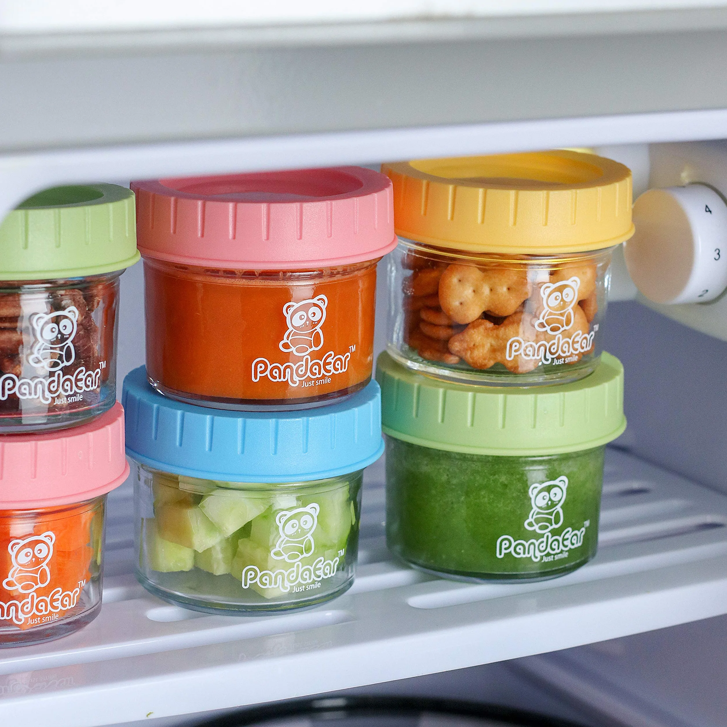 PandaEar (confezione da 12 barattoli di vetro per alimenti per bambini | Conservazione del congelatore per piccoli contenitori riutilizzabili da 4 once con coperchi ermetici a prova di perdite