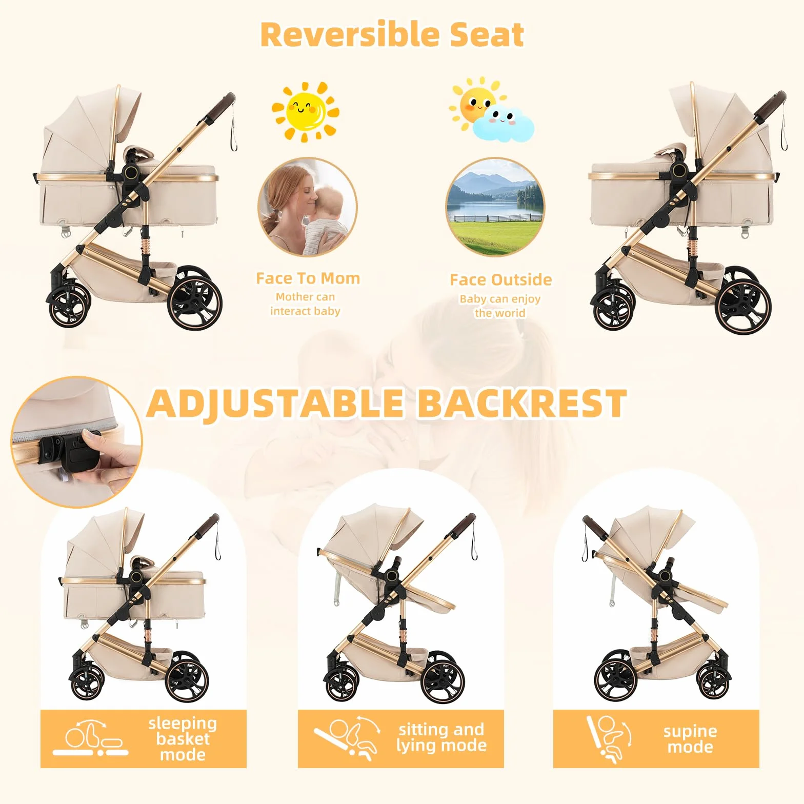 Passeggino 3 in 1 Grandi Ruote Pneumatici in Gomma Carrozzina Ovetto Schienale Regolabile Reclinabile (H9/PINK)