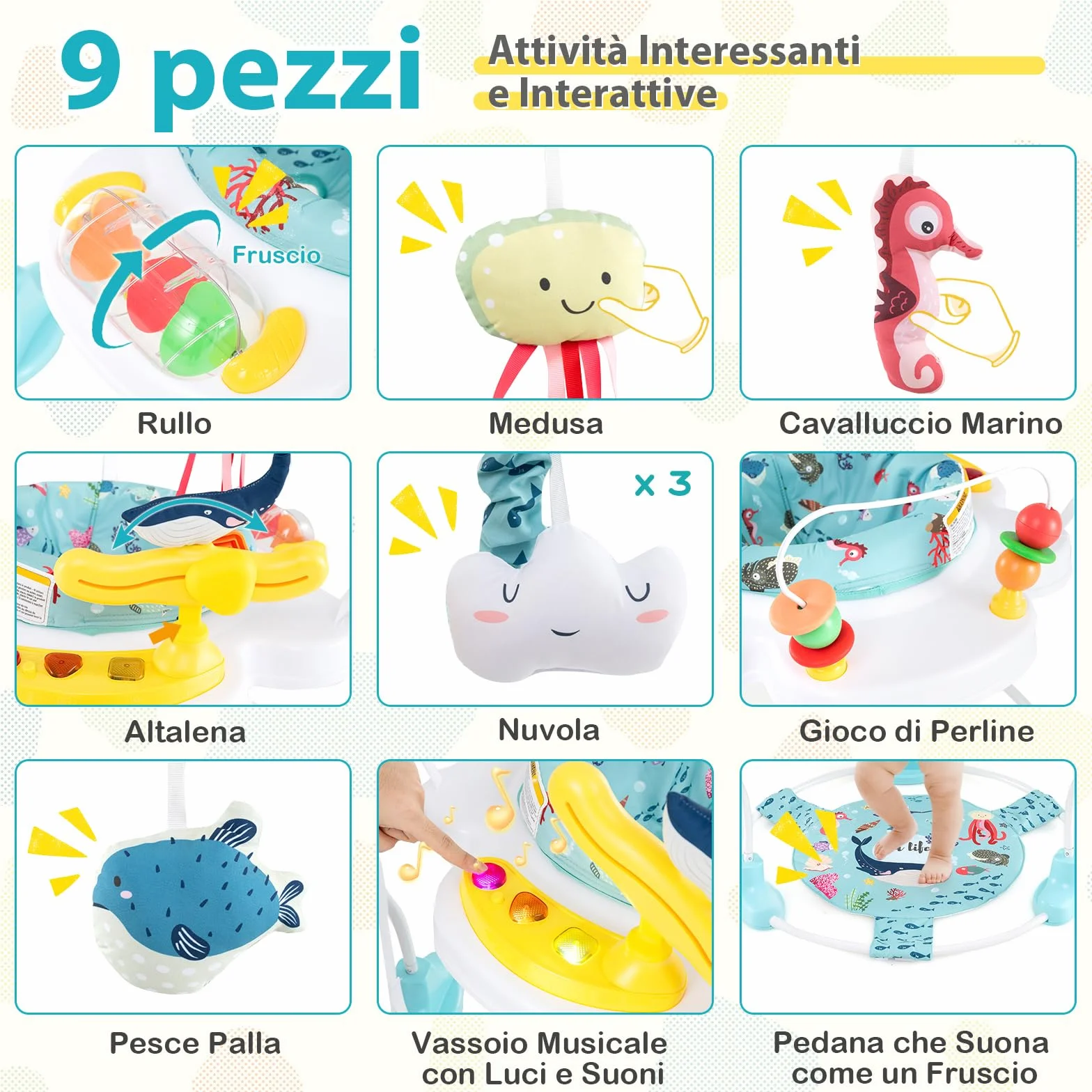 COSTWAY Jumperoo per Bambini, Centro Attività Saltella con Altezza Regolabile, Sedile Girevole 360°, Luci e Suoni, 6+ Mesi, Azzurro