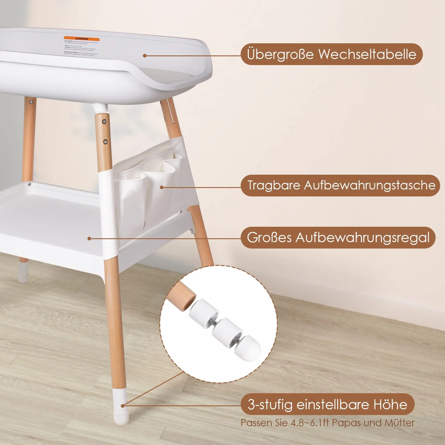 Beberoad Fasciatoio Neonato Regolabile in Altezza 51x79x90CM Bianco 0-12 Mesi 25kg