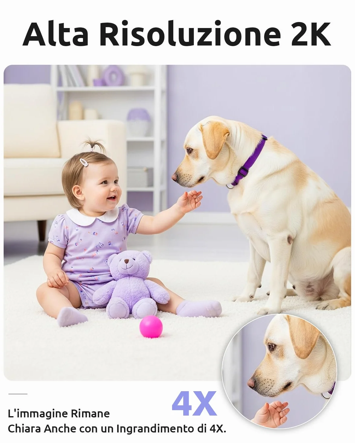 Baby Monitor 2K Video e Audio, Telecamera Bambini con APP, 5" Monitor, Luce Notturna, 360° PTZ, Allarmi Pianto e Movimento 8TM-1PZ
