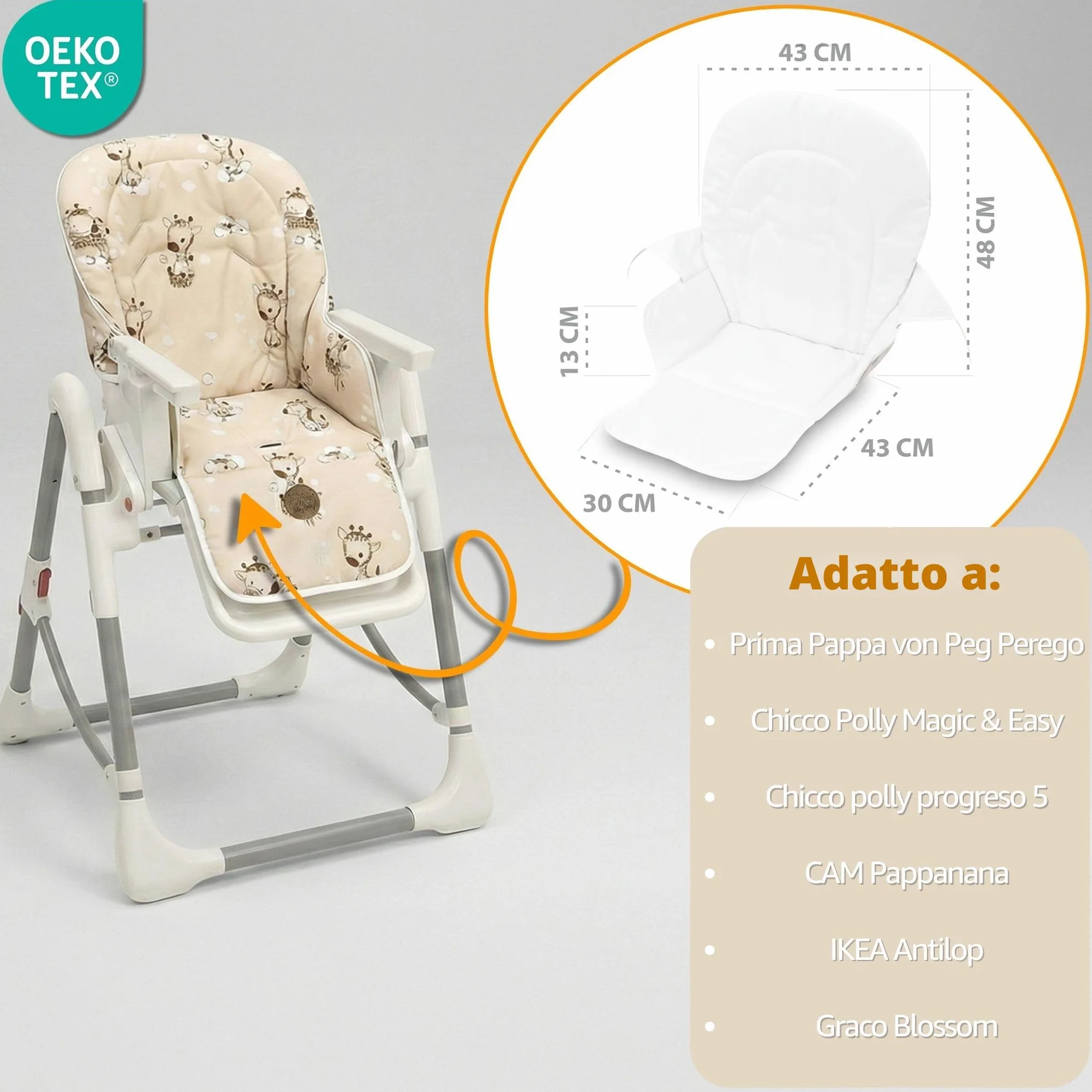 Copri seggiolone pappa universale Oeko-Tex Safari impermeabile cuscino imbottitura riduttore per sedia
