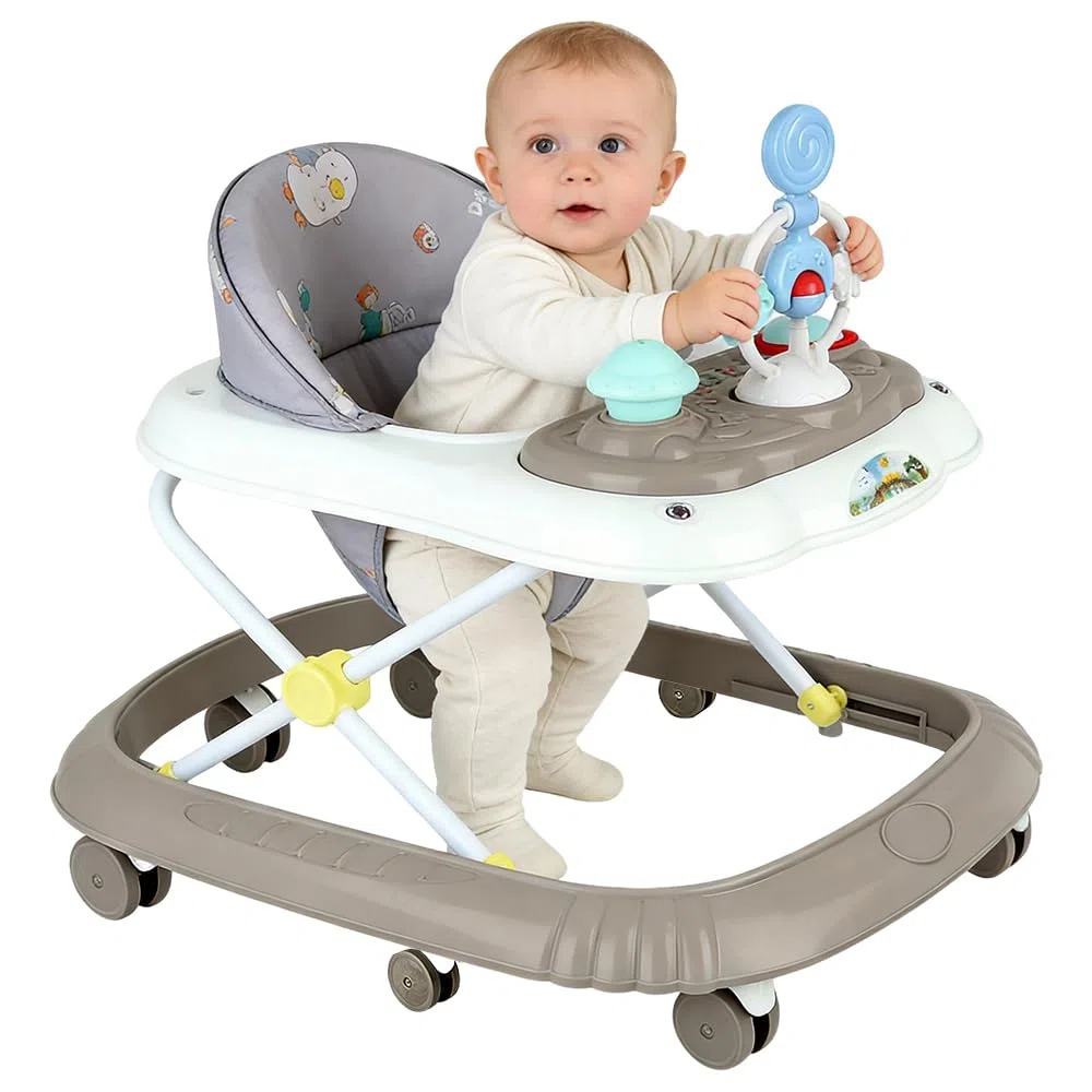 Girello Bambino Primi Passi per Bambini da 6 Mesi a 15 kg, Regolabile in Altezza, girello pieghevole per bambini con vassoio di gioco interattivo con suoni, 67 * 72 * 92cm - Cachi (B)