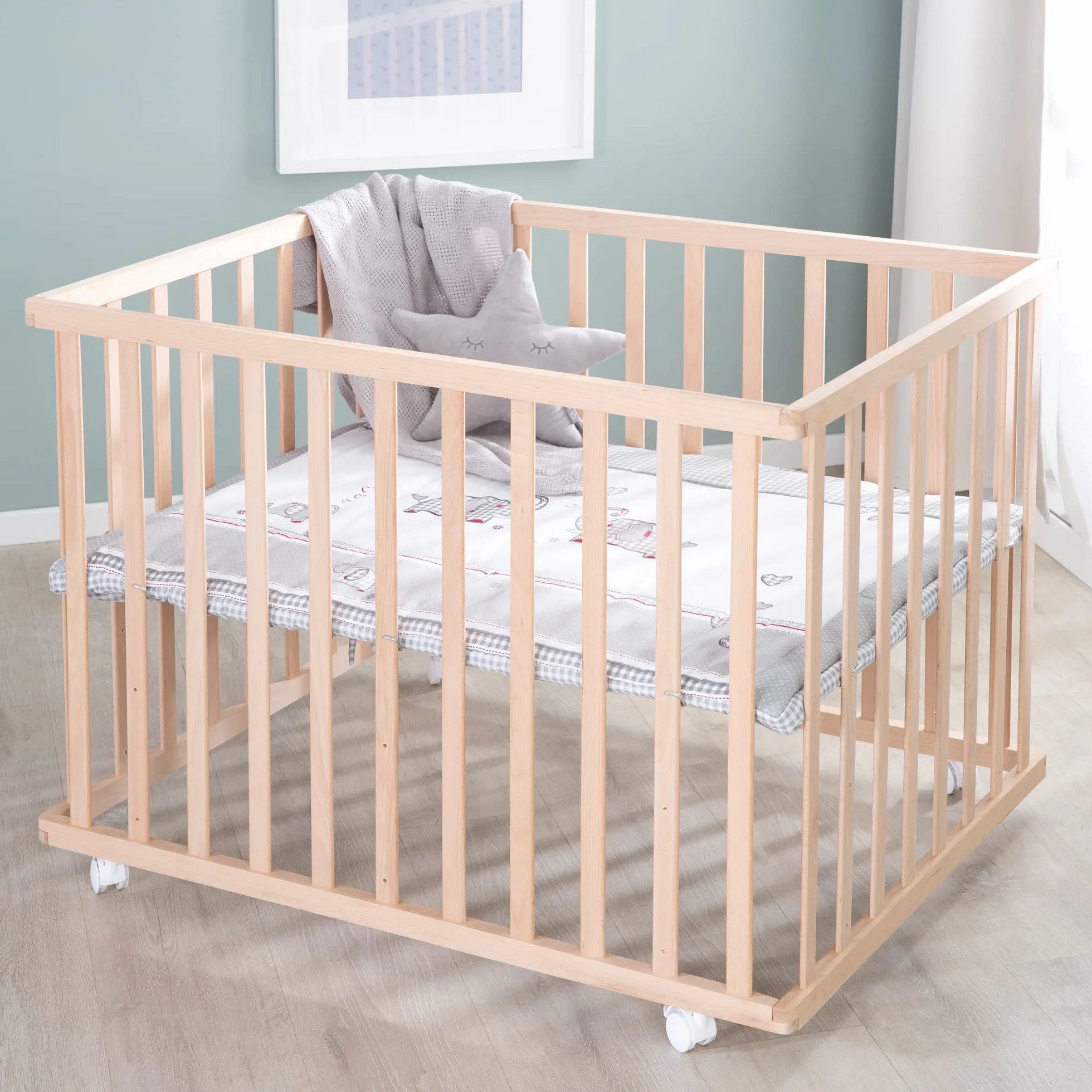 roba Box Rettangolare per Bambini Jumbo Twins - 75 x 100 cm - con Materassino e Ruote con Freni - 3 Altezze Regolabili - 0-24 Mesi - Legno Naturale