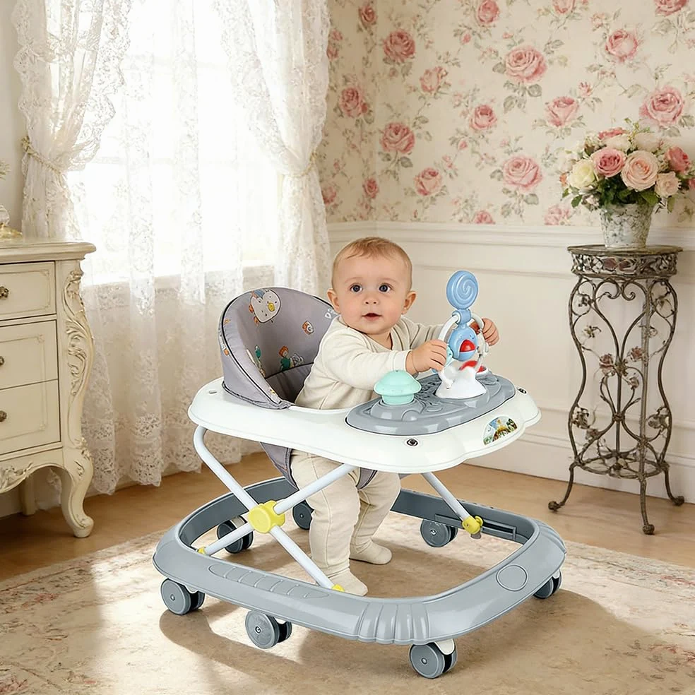 Girello 4 in 1, girello pieghevole per bambini con vassoio di gioco interattivo con suoni, base anti-ribaltamento, deambulatore ruote in silicone e 4 posizioni di altezza, da 6 a 18 mesi (grigio-67 x