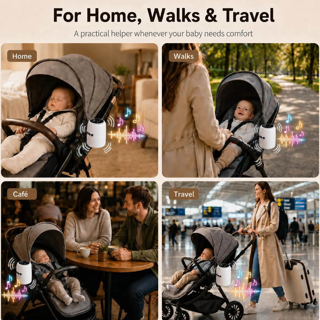 Baby Rocker Ricaricabile, Dondola Passeggino con 5 Livelli di Oscillazione e Rumore Bianco - Regolabile, Ultra Silenzioso, USB-C, 2 Supporti Universali per Tutti i Passeggini (Bianco)