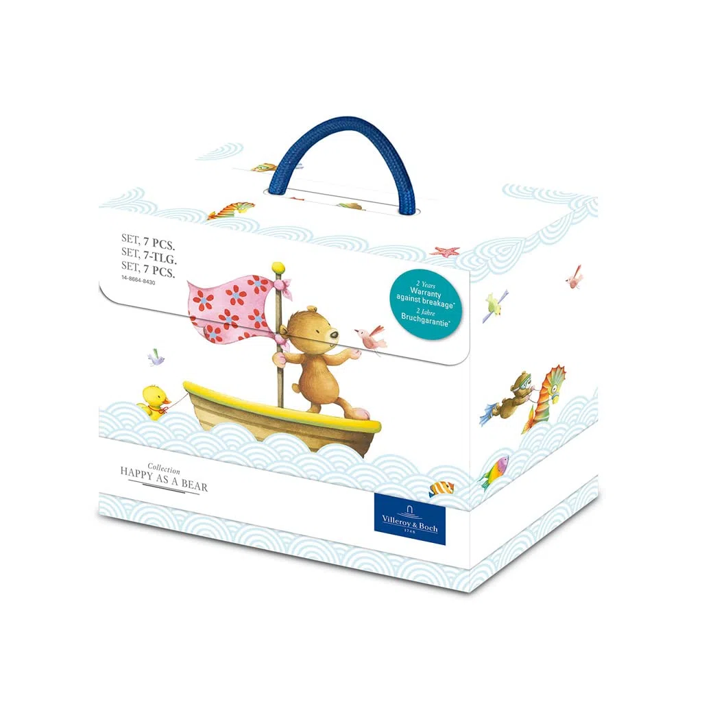 Villeroy & Boch - Kiddy Bears Set Di Stoviglie Per Bambini 7 Pz. 7 Pezzi Blu, Lavabile in Lavastoviglie, "Happy as a Bear", Piatto, Scodella, Tazze, Posate, Porcellana Premium,Acciaio Inossidabile