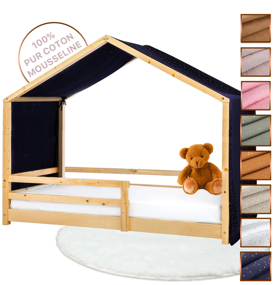 Tenda Letto Bambini 100% Cotone - Tenda Letto Montessori per Letto Bambini 80x160 e 90x190cm - Modelo 2 (Blu notte/Oro, 97 x 402 cm)