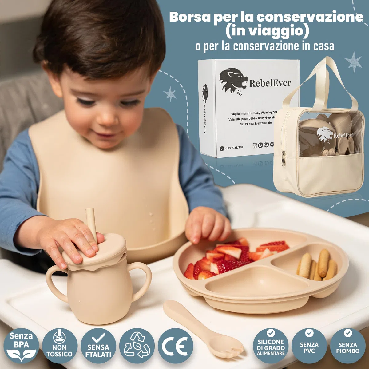 Set Pappa Svezzamento - Set Svezzamento Prima Pappa - Set Svezzamento Neonati - Set Neonato - Cucchiaino Svezzamento con serbatoio dosatore e Ciuccio per Frutta Neonati incluso - Piatto Svezzamento