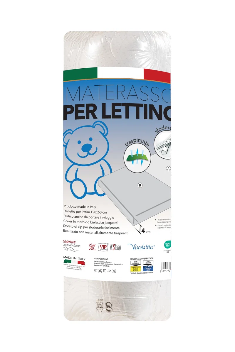 V.I.P. Very Important Pillow Materassino per Lettino Neonato e Bambino 120x60x4 cm – Made in Italy – Materasso in Poliuretano Espanso all’Acqua con Fodera Bielastica Jacquard Sfoderabile con Zip