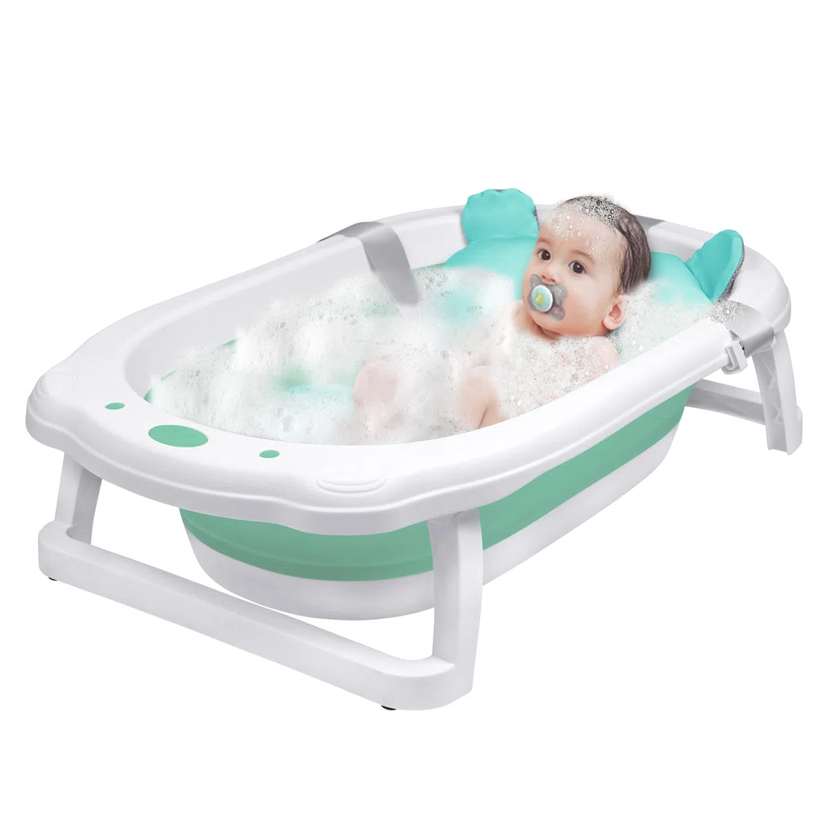 Froadp Vasca da bagno pieghevole 82 x 50 x 20 cm con fori di drenaggio e cuscino antiscivolo per neonati e bambini (verde, con cuscino da bagno)