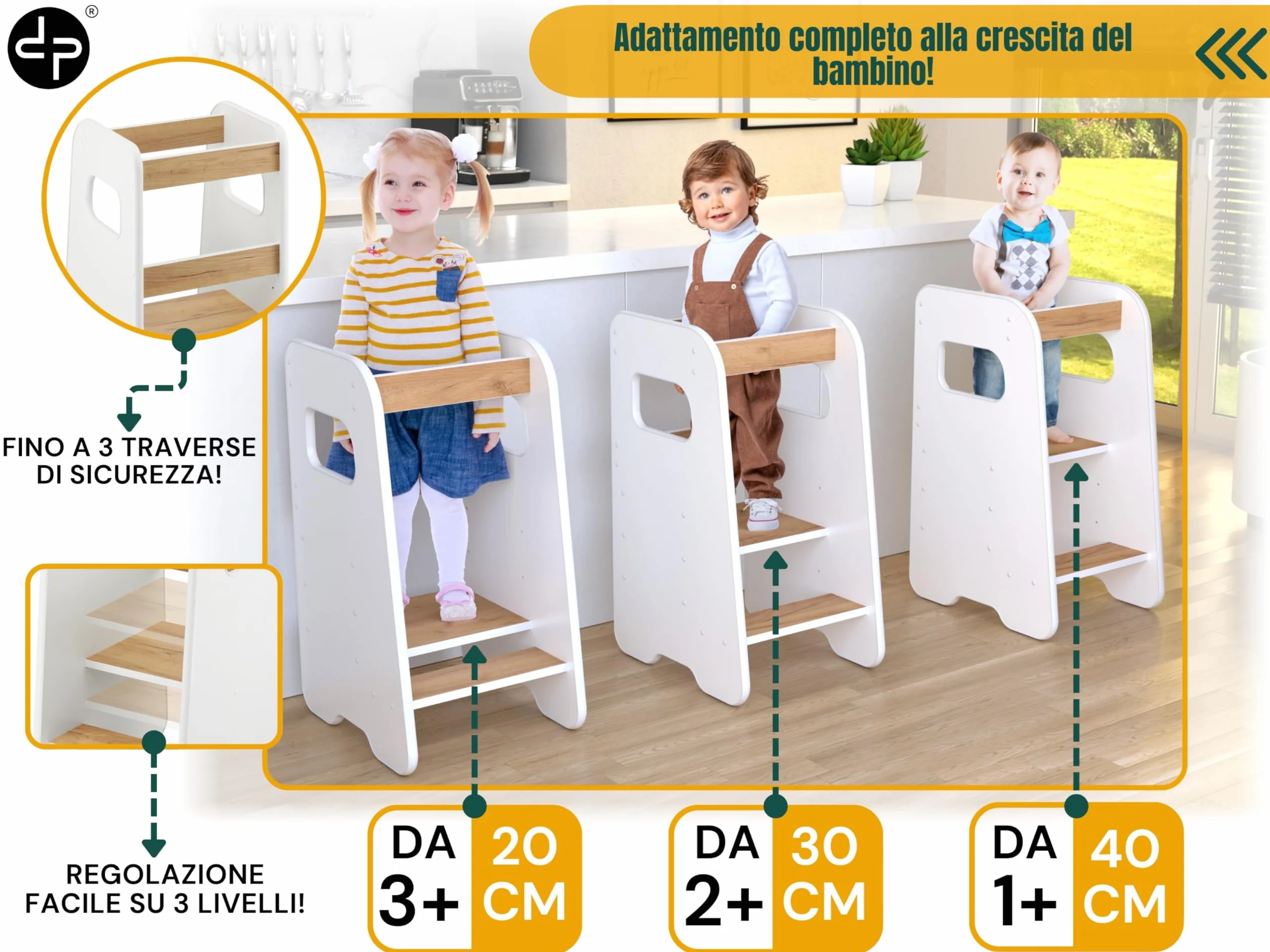 Torre Montessoriana bambini 1 anno Altezza regolabile 3 livelli Sgabello cucina Learning tower Bianco & Rovere