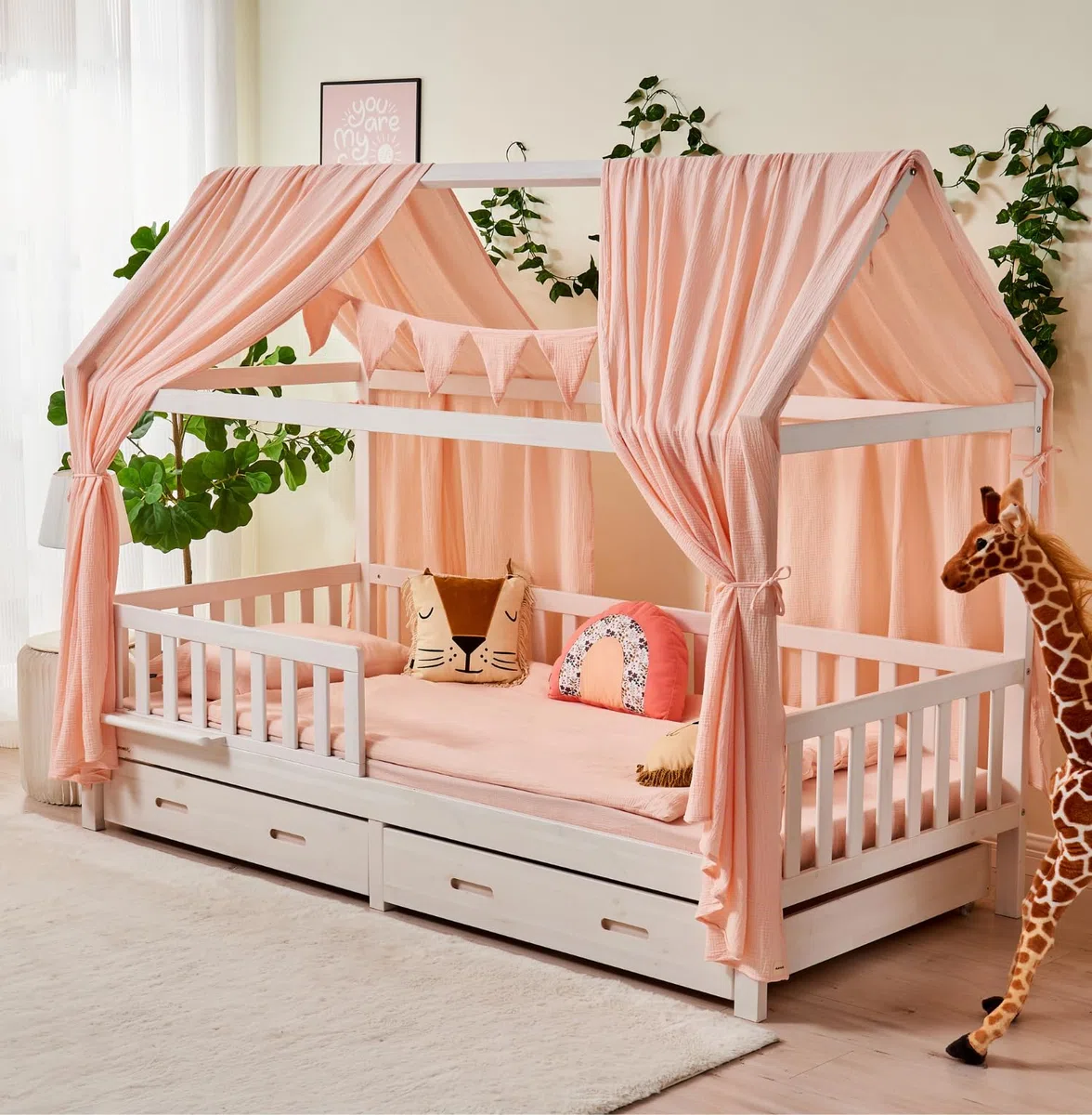 ALAVYA HOME® Set di 3 decorazioni per letto di casa, con 2 baldacchini, 1 bandierine, lunghezza 300 cm, per lettino, cameretta dei bambini, 100% mussola biologica, certificato GOTS, 125 x 350 cm, rosa