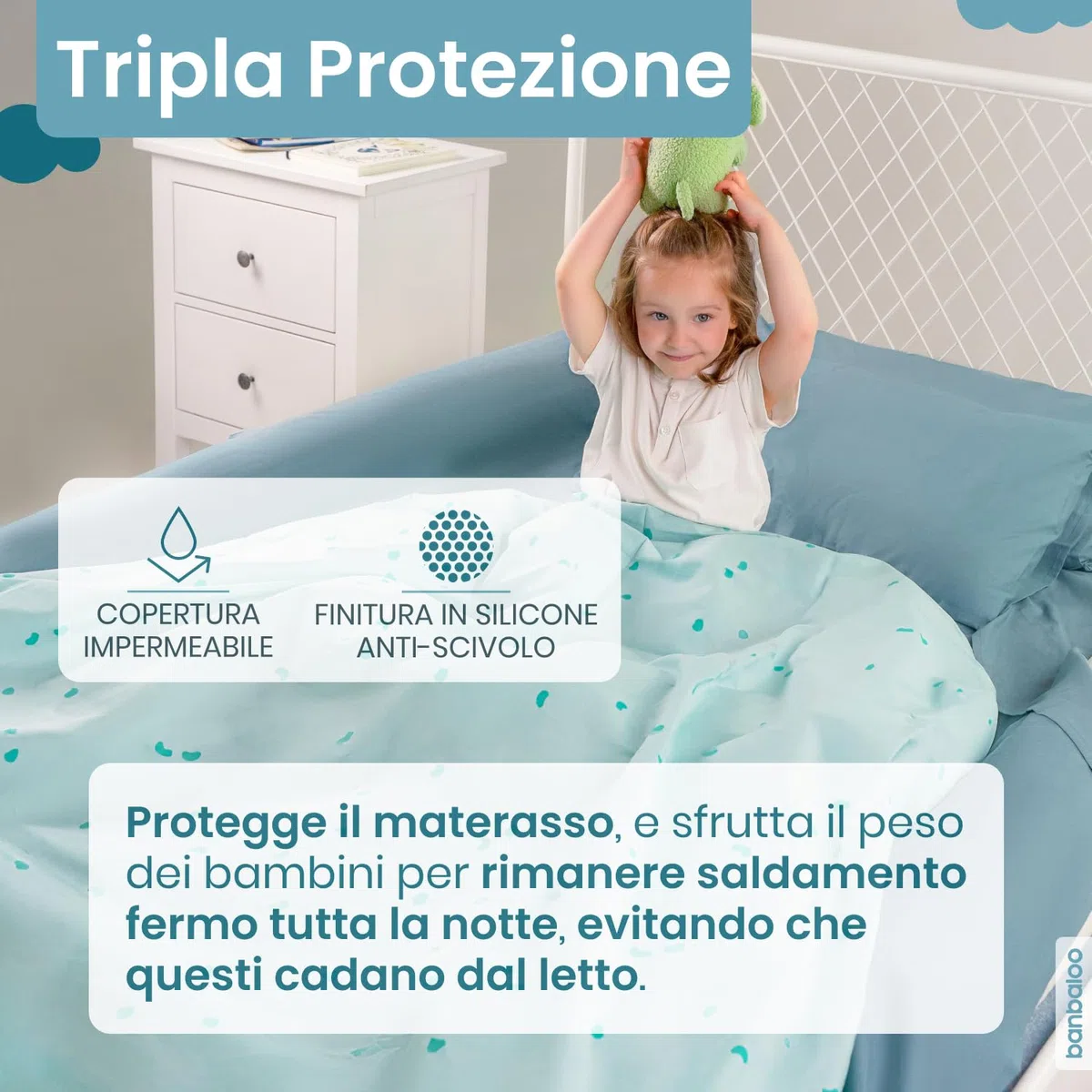 BANBALOO MAX-Barriera di sicurezza letto per bambini-Anticaduta infantile-Parapetto di schiuma con proteggi-materasso impermeabile per letti doppi a scomparsa 90,150,e Montessori-Viaggio guardrail.