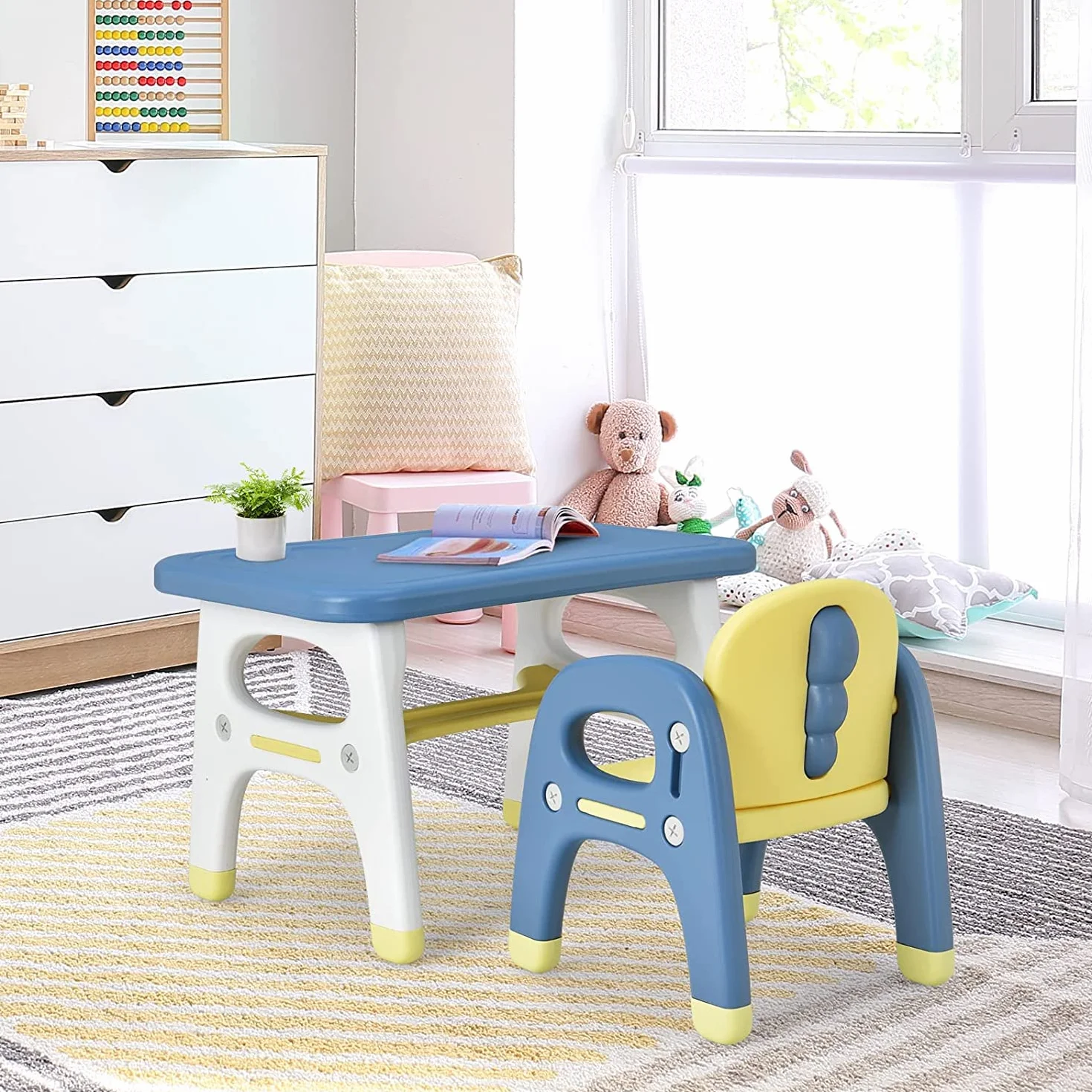 RELAX4LIFE Set Tavolo e Sedia per Bambini, Sedia a Forma di Dinosauro, Inclusi 3 Set di Costruzioni, Carico 30 kg (Blu)