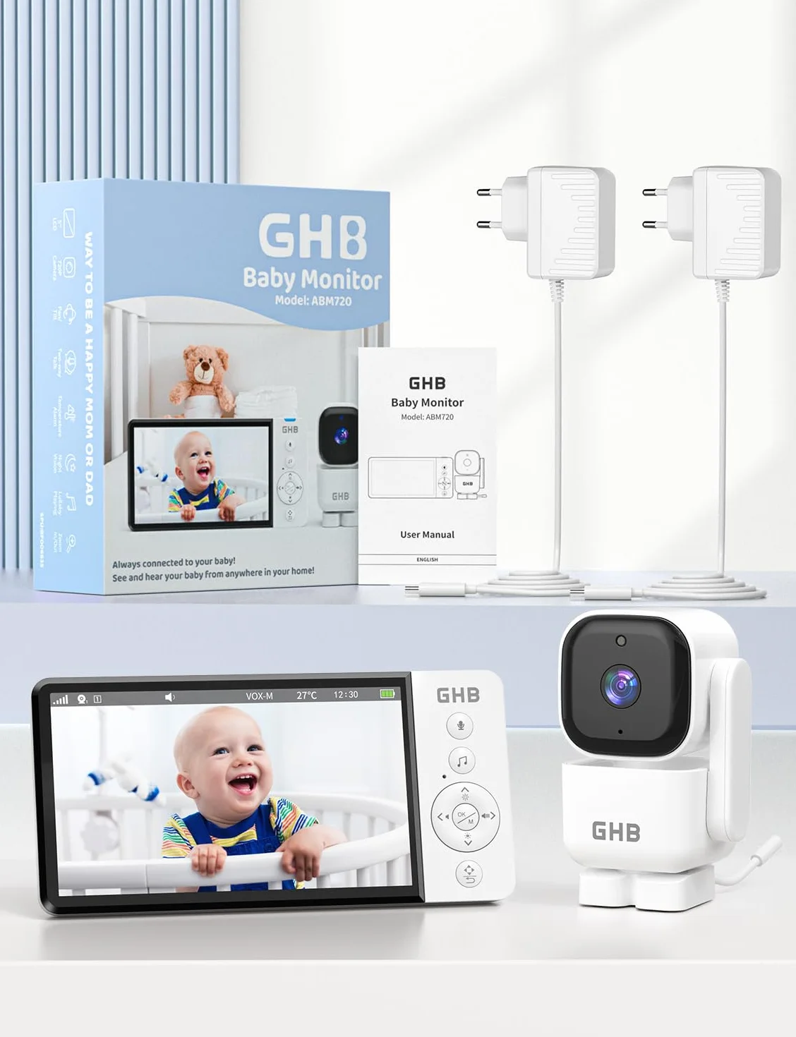 GHB Baby Monitor 5" 720HD 168 Ore Autonomia 350° Telecamera Rotante Rilevamento Temperatura VOX Visione Notturna