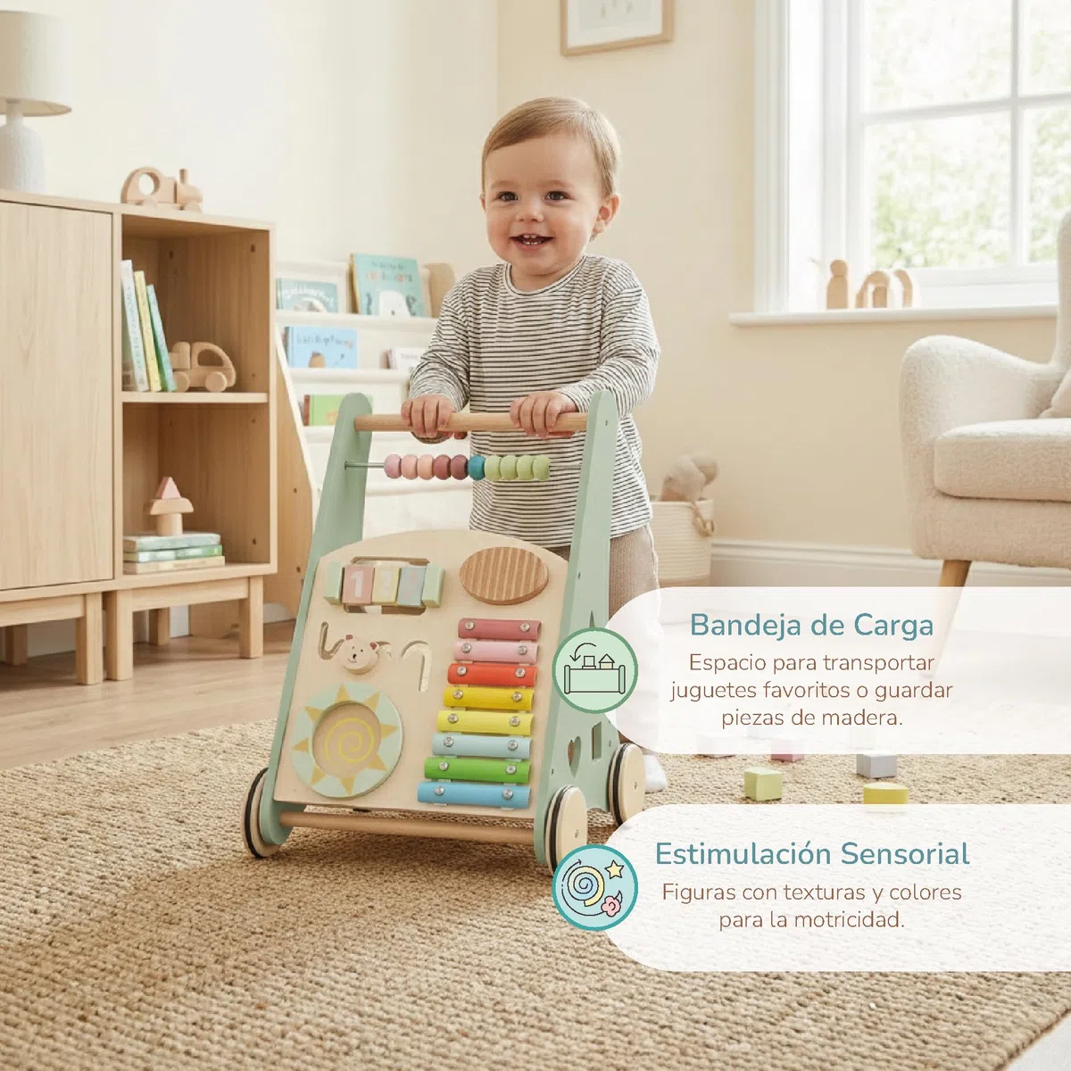 BUDDY BABY Montessori - Walker Baby in legno - Passeggino per primi passi con giocattoli e attività - Passeggino per bambino +12 mesi (Lapponia/Verde)
