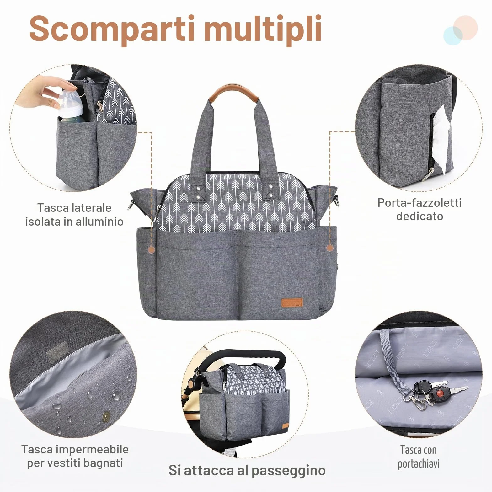 Lekebaby Borsa Fasciatoio Neonato Impermeabile Multifunzionale per Passeggino Portatile con Ganci