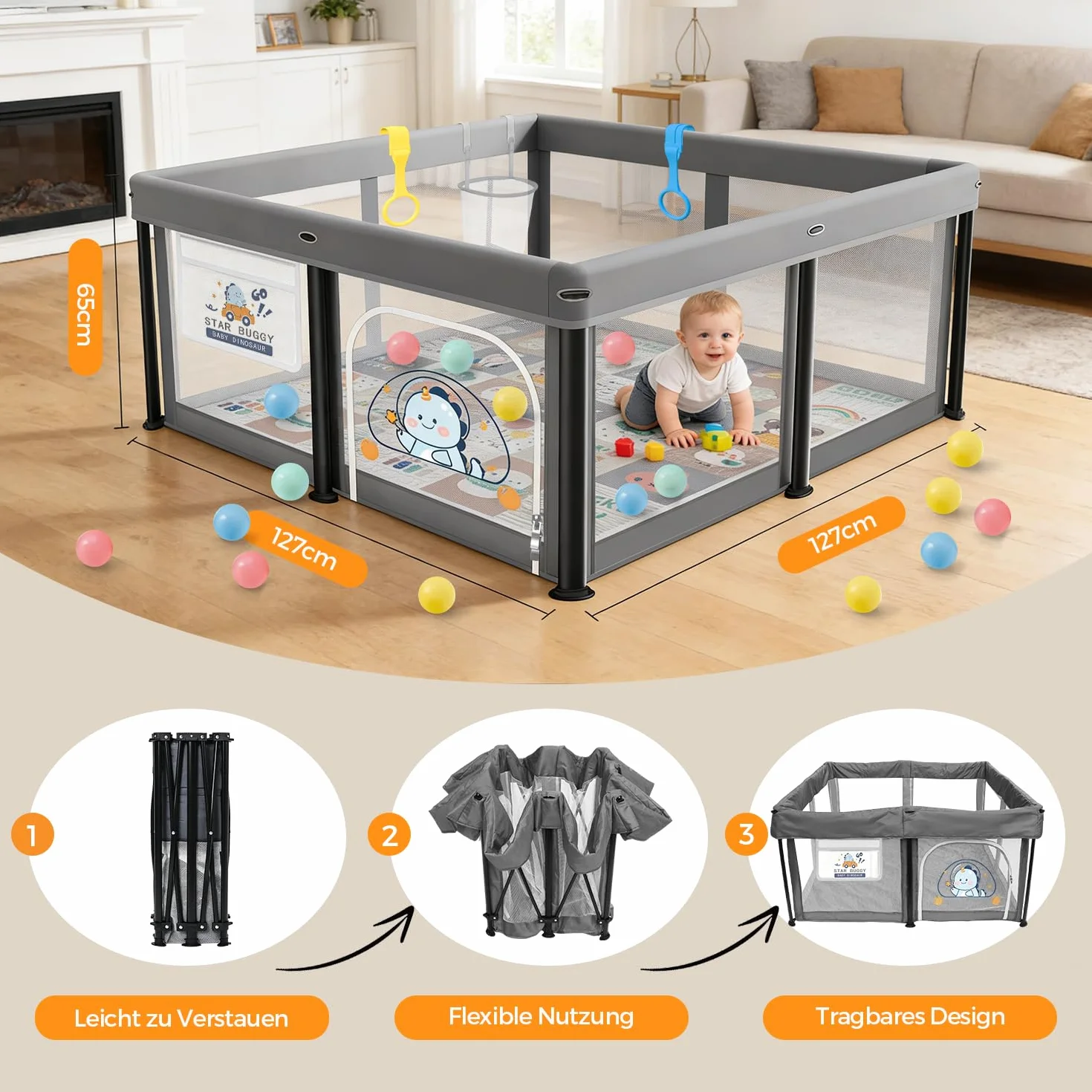 Box Bambini Pieghevole con Materasso 127×127cm, Recinto per Neonati e Bambini, Box Gioco Stabile e Sicuro per Interni ed Esterni