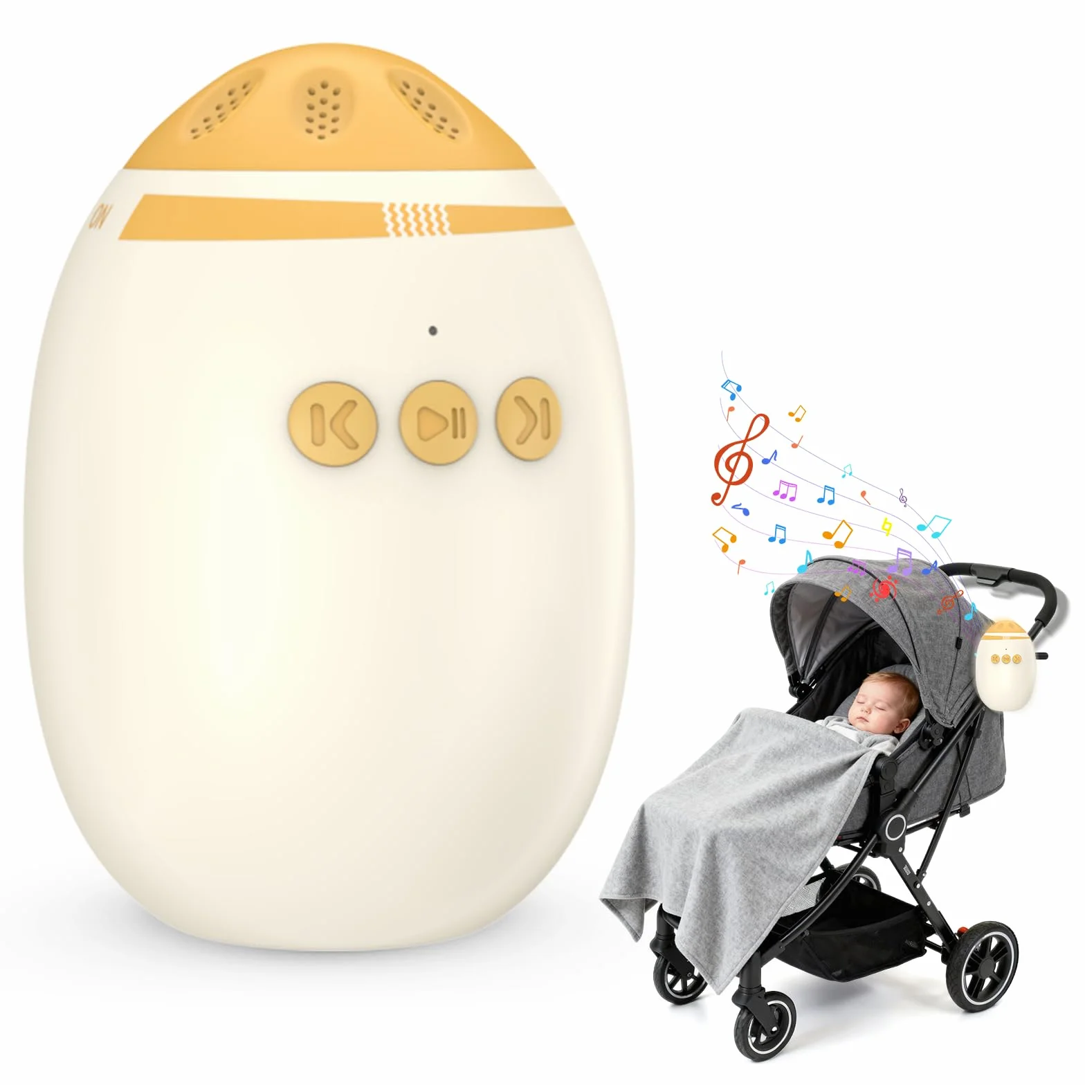 Passeggino con rumore bianco, vibratore per passeggino con 11 suoni rilassanti, supporto per dormire ricaricabile, regolazione continua, funzione portatile e Bluetooth per passeggini e passeggini