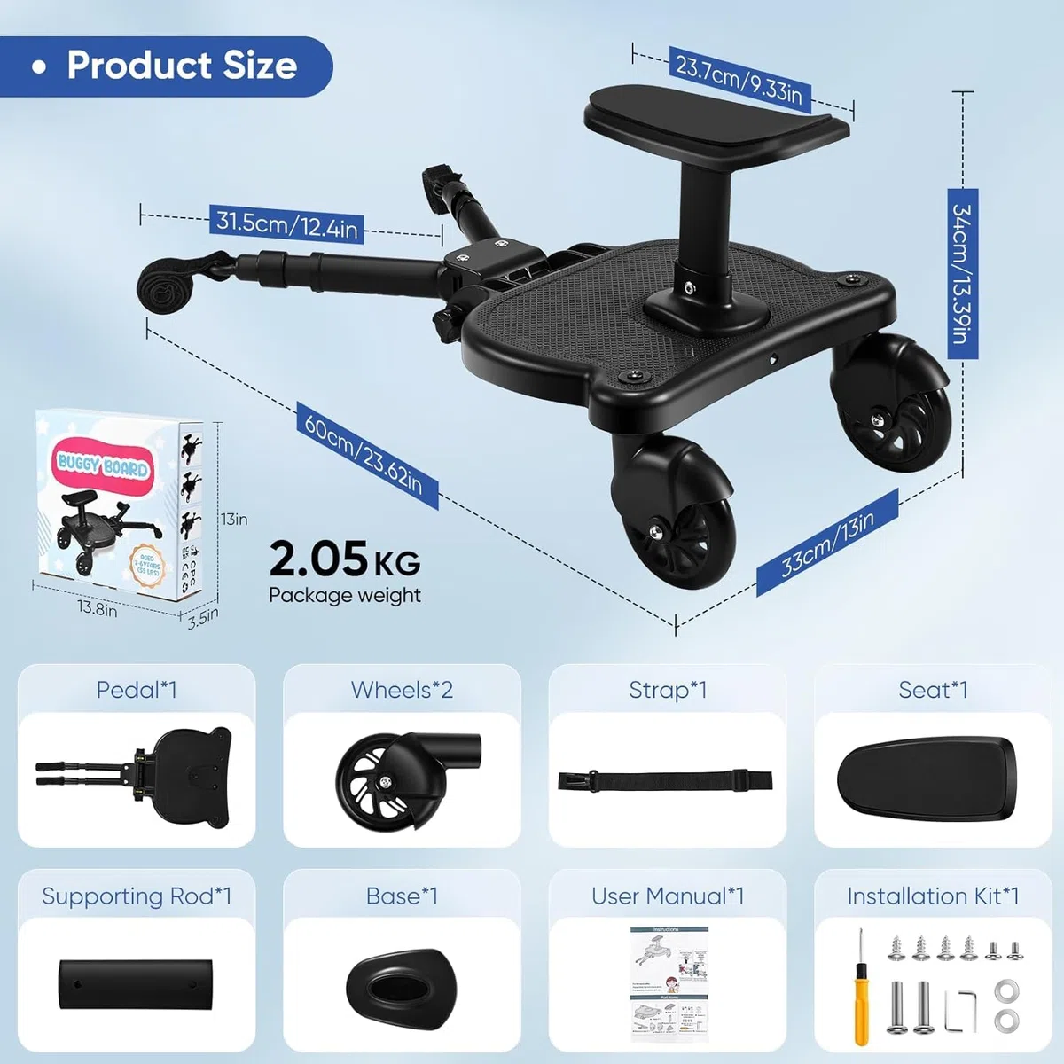 Passeggino per bambini, pattinaggio universale portatile a piedi passeggini, Kiddy Boards con cinghia di sospensione, ruote per bambini da 2 a 6 anni (25 kg)